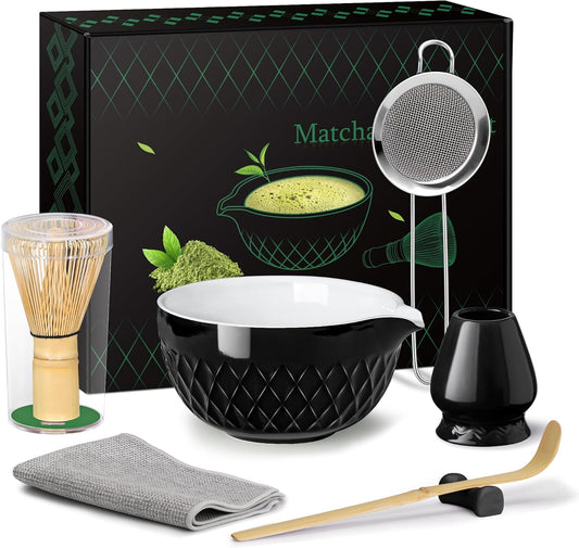 Matcha Whisk Set, 7 Pcs Matcha Kit, Ceramic Matcha Set Includes Matcha Bowl with Spout, Matcha Whisk and Holder, Bamboo Scoop, Scoop Rest, Sifter and Tea Towel (Onyx Black)