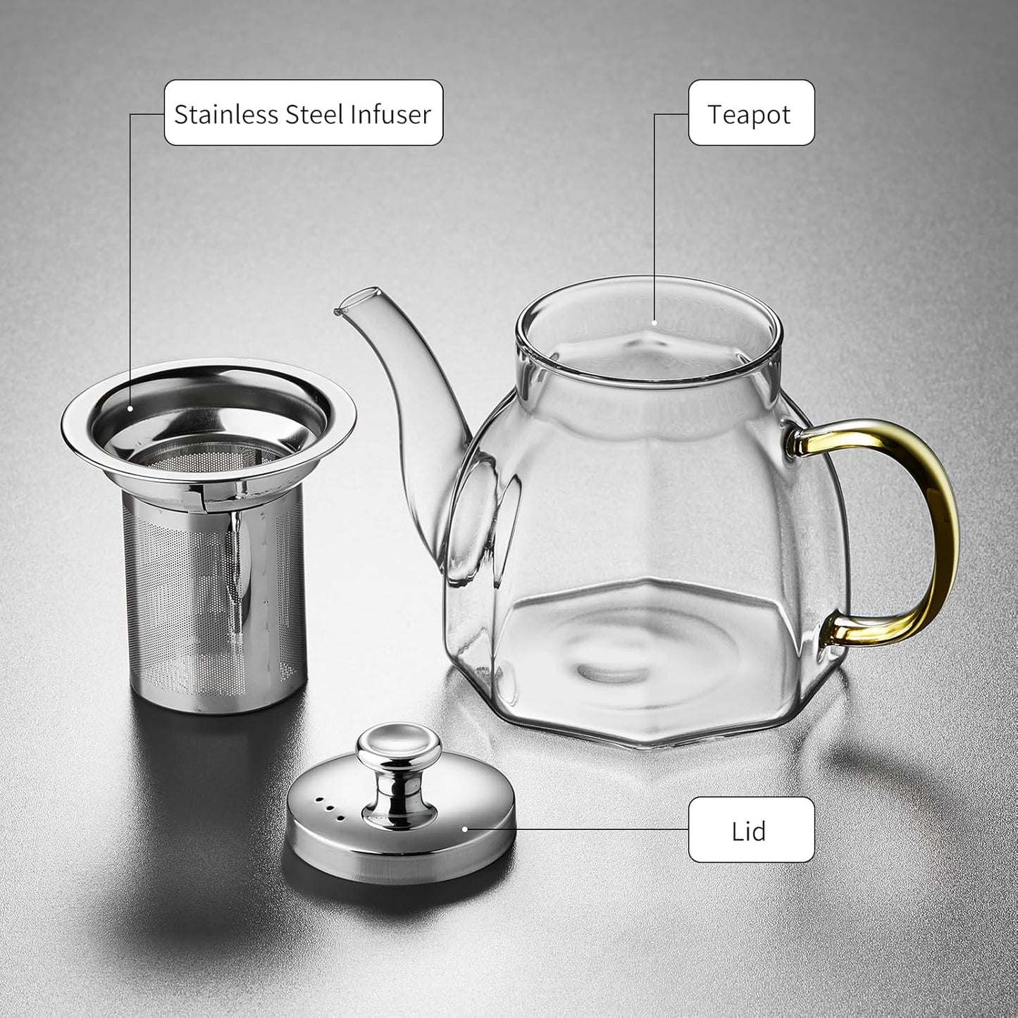 Glass Tea Pot with Stainless Steel Infuser and Lid (Octagonal), Clear Glass Teapot, Borosilicate Hydrochloric Glass Heat Resistant, Fine Glass Filter for Flower Tea, Tea Bags (27 oz / 800 ml)