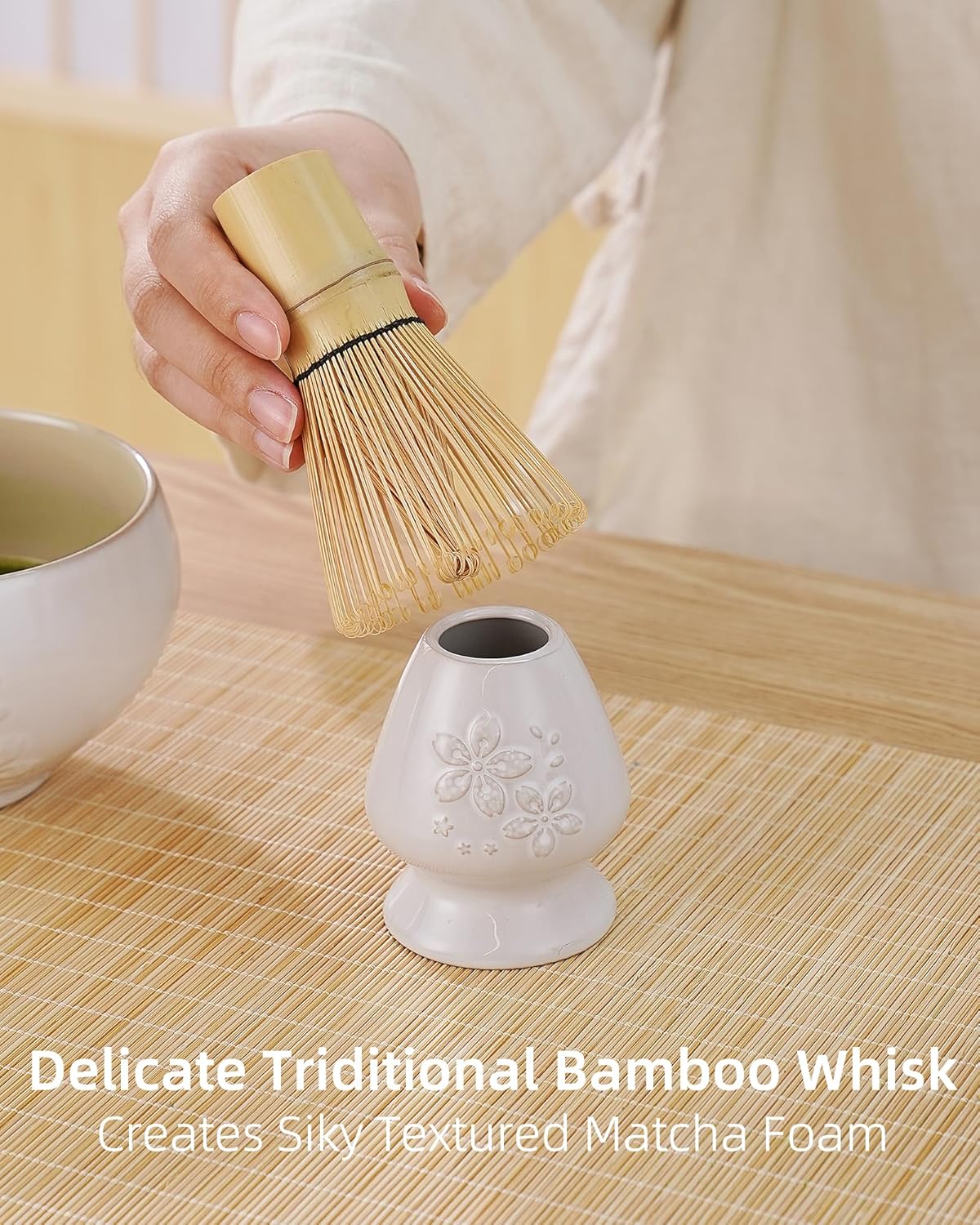 ZENS Matcha Whisk Set, Ceramic Matcha Set Includes 15oz Sakura Bowl, Bamboo Whisk & Chasen Holder, Scoop & Sifter-Tea Towel, 6pcs Matcha Kit for Matcha Lovers, White
