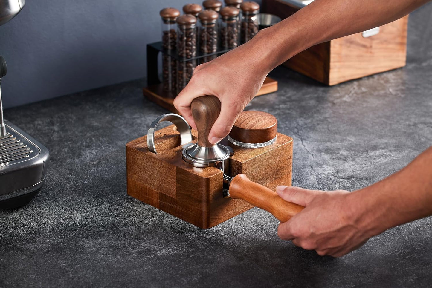 Tamping Station for Portafilters Solid Wood Espresso Accessories 5-Slot Organizer with Anti-Slip Base & Adjustable height (small)