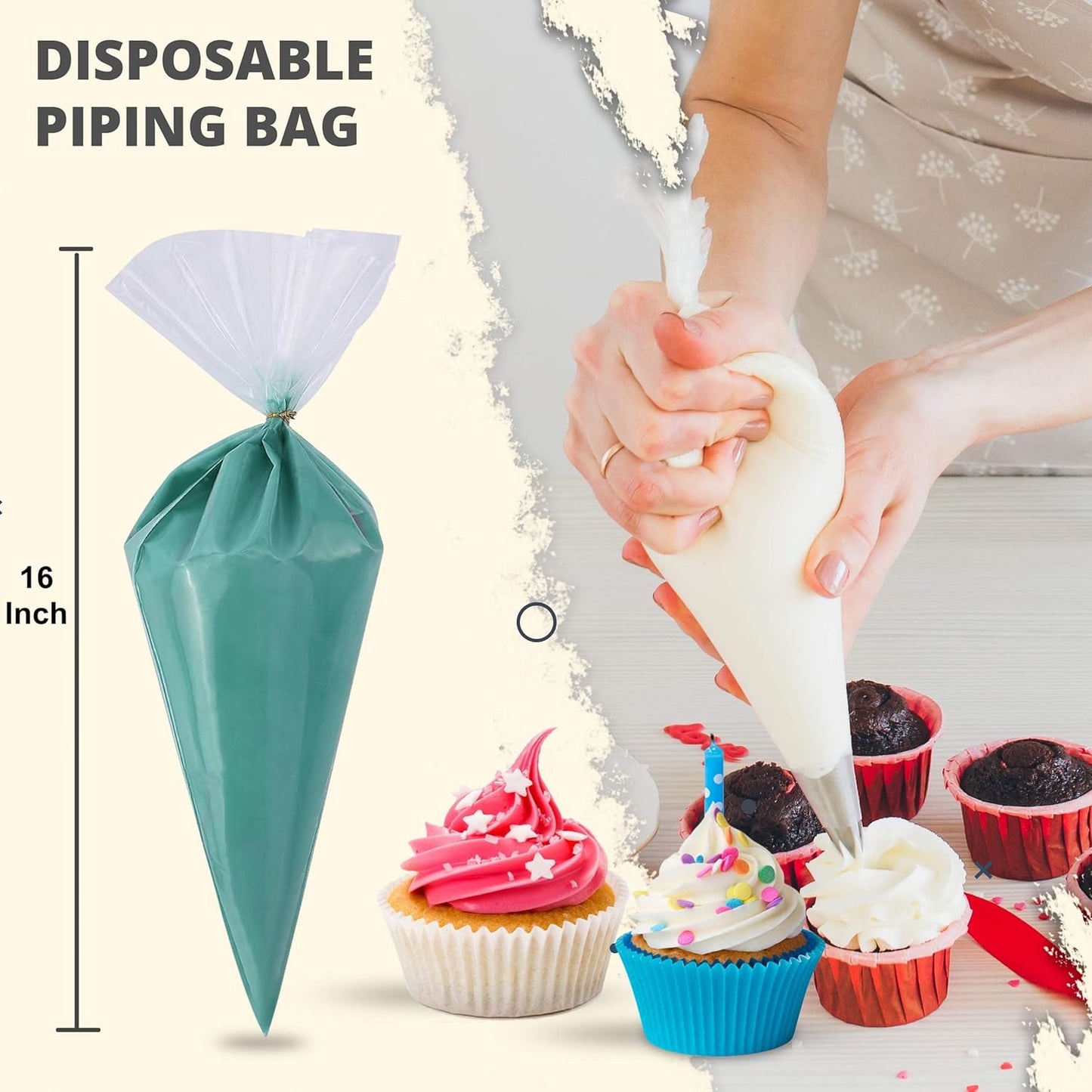 Riccle Disposable Piping Bags 16 Inch - 100 Textured Anti Burst Pastry Bags - Icing Piping Bags for Frosting - Ideal for Cakes and Cookies Decoration