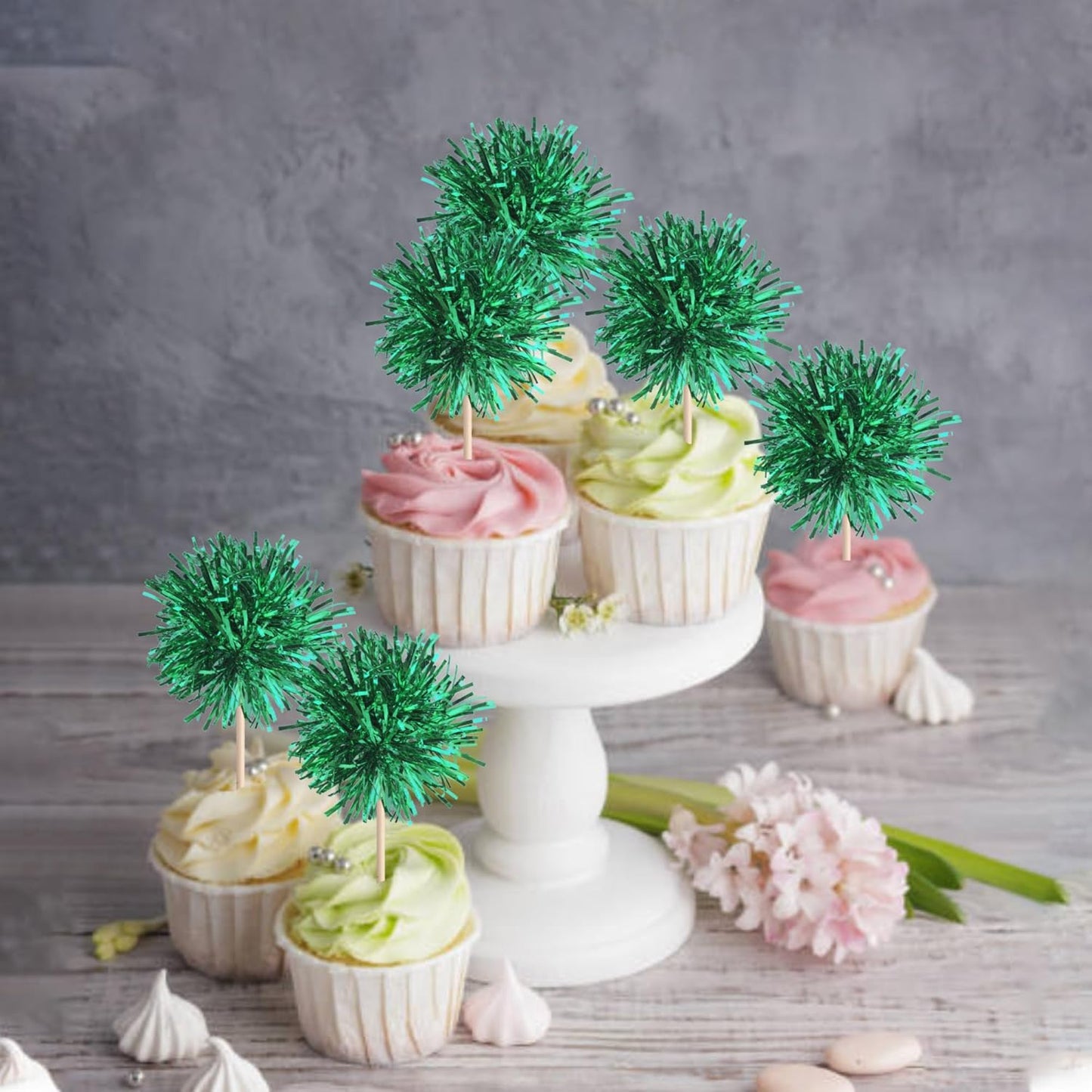 40 PCS Foil Firework Cupcake Toppers Green Sparkler Cupcake Picks Sparkle Tinsel Fireworks Decorations Cocktail Fruit Toothpick for Firework Theme Birthday Wedding Graduation Party Decoration Supplies