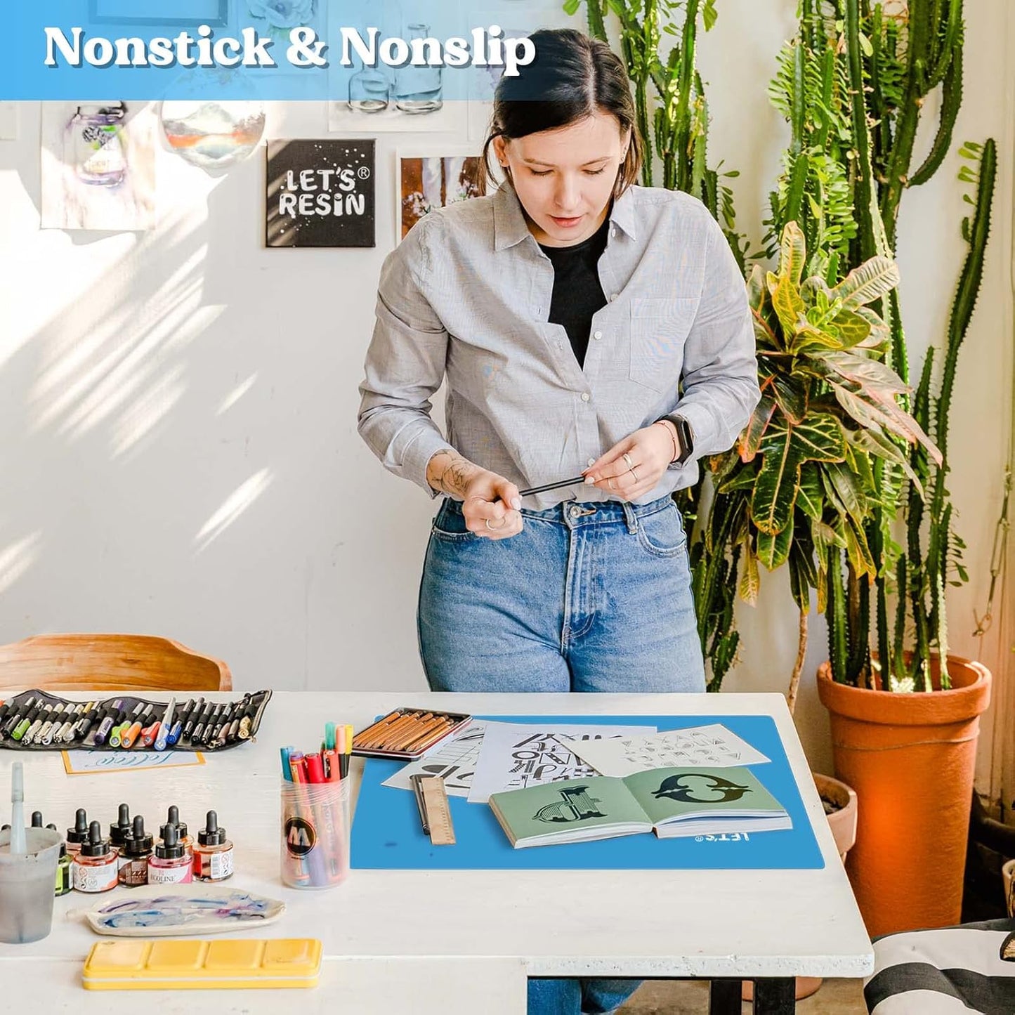 LET'S RESIN 3-in-1 Silicone Mat - 15.7" x 11.7" Nonstick & Nonslip Craft Mat, Heat-Resistant for Resin, Paint, Clay