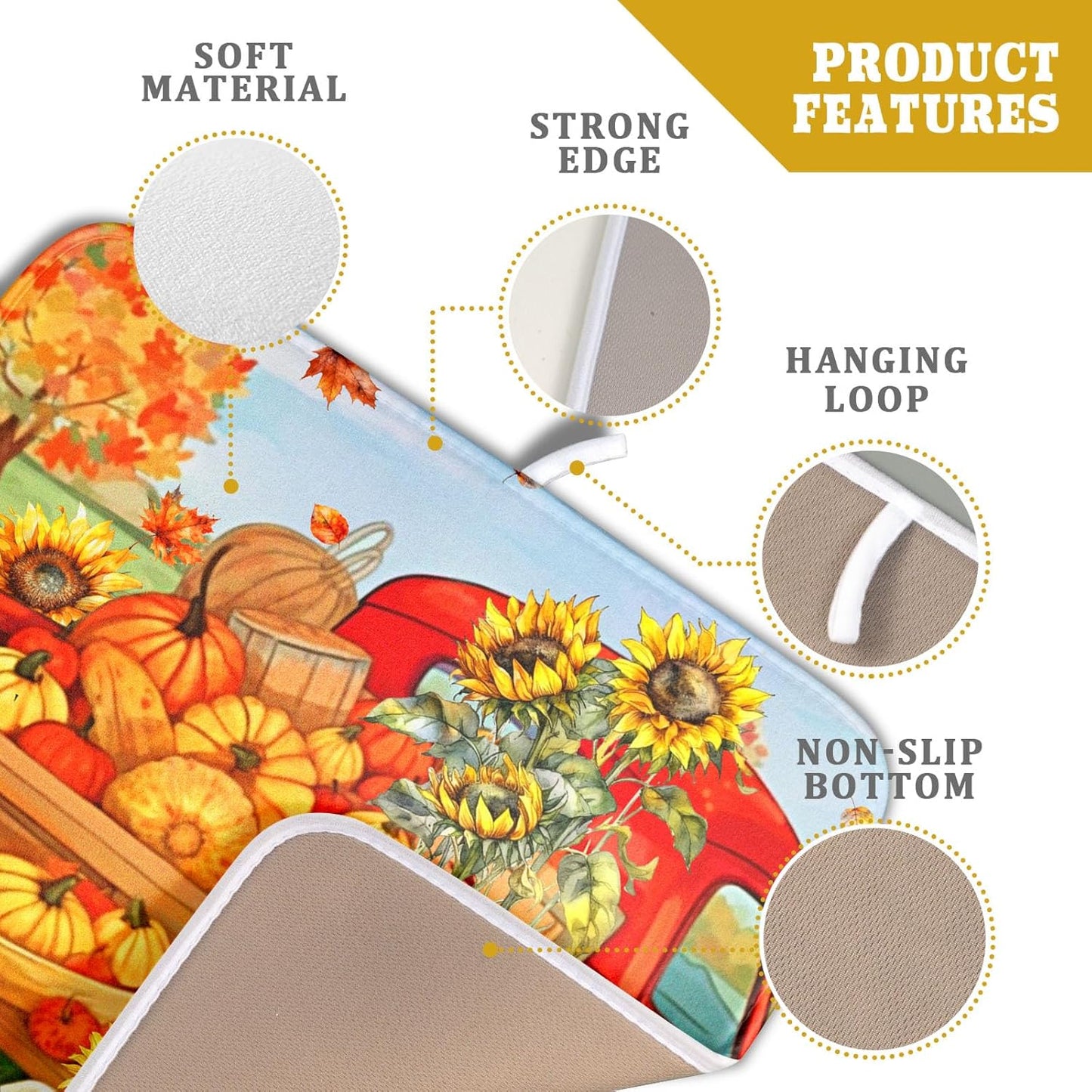 Autumn Pumpkin Red Truck Dish Drying Mat for Kitchen Counter,Fall Leaves Sunflower Cue Dog Harvest Drying Mat 16 x 18 Inch Microfiber Dish Drying Pad Dish Rack Drainer Mat for Coffee Bar