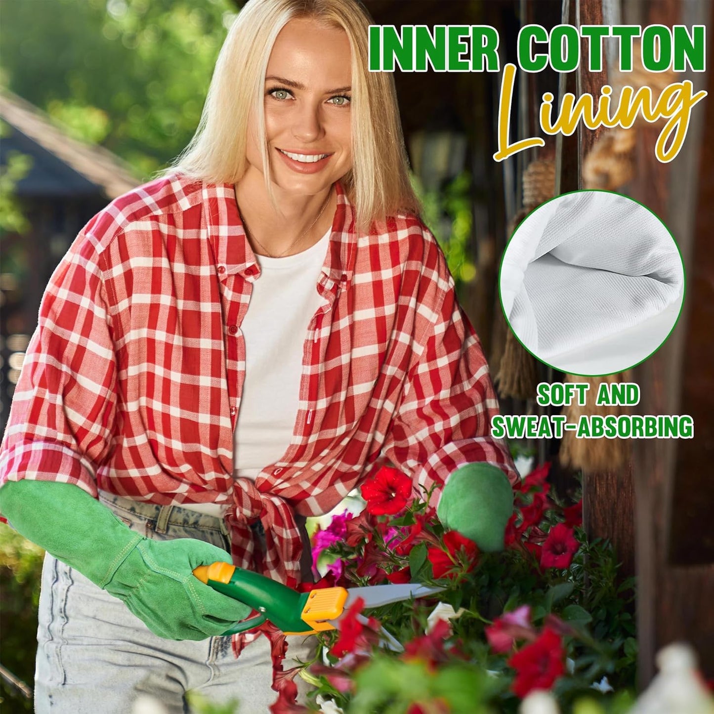 HANDLANDY Leather Gardening Gloves, Thorn Proof Long Gauntlet Heavy Duty Garden Gloves, Elbow Length Rose Pruning Weeding Yard Glove (Medium, Green)