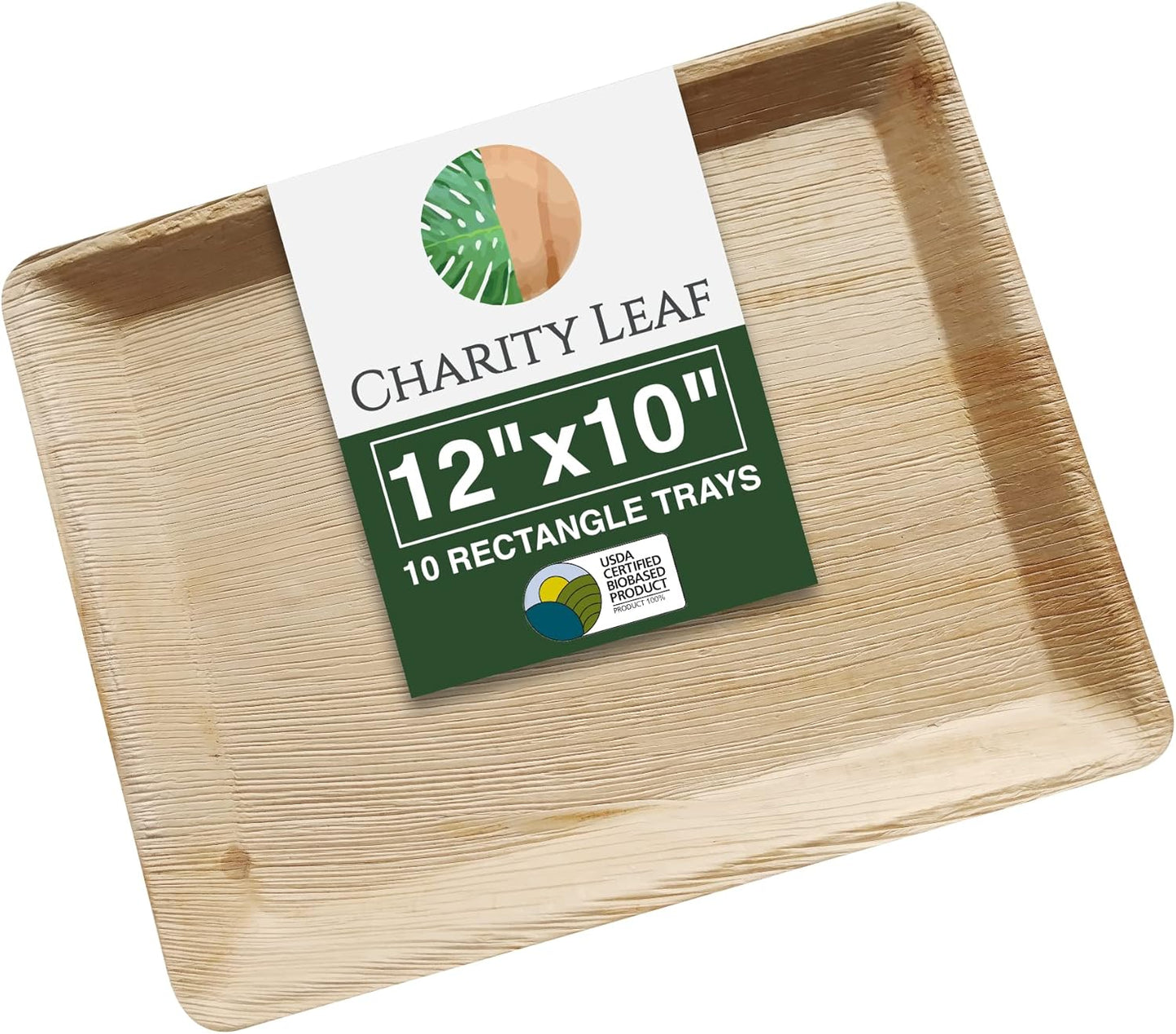 Charity Leaf Disposable Palm Leaf 12" x 10" Trays (10 pieces) Bamboo Like Serving Platters, Disposable Boards, Eco-Friendly Dinnerware For Weddings, Catering, Events