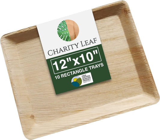 Charity Leaf Disposable Palm Leaf 12" x 10" Trays (10 pieces) Bamboo Like Serving Platters, Disposable Boards, Eco-Friendly Dinnerware For Weddings, Catering, Events
