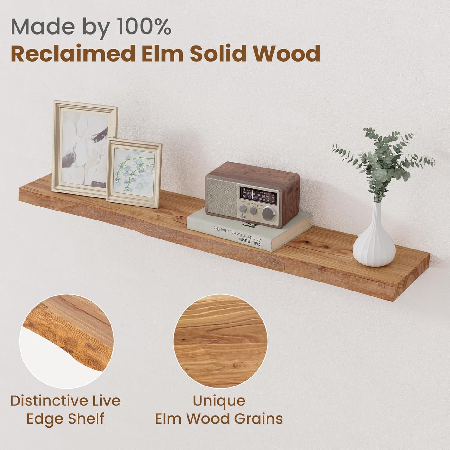 Floating Shelves for Wall Decor, Rustic Solid Elm Wood Live Edge Floating Shelves Wall Mounted, Wall Shelves with Invisible Bracket for Living Room Bathroom Bedroom Kitchen, 40 Inch Set of 1, Natural