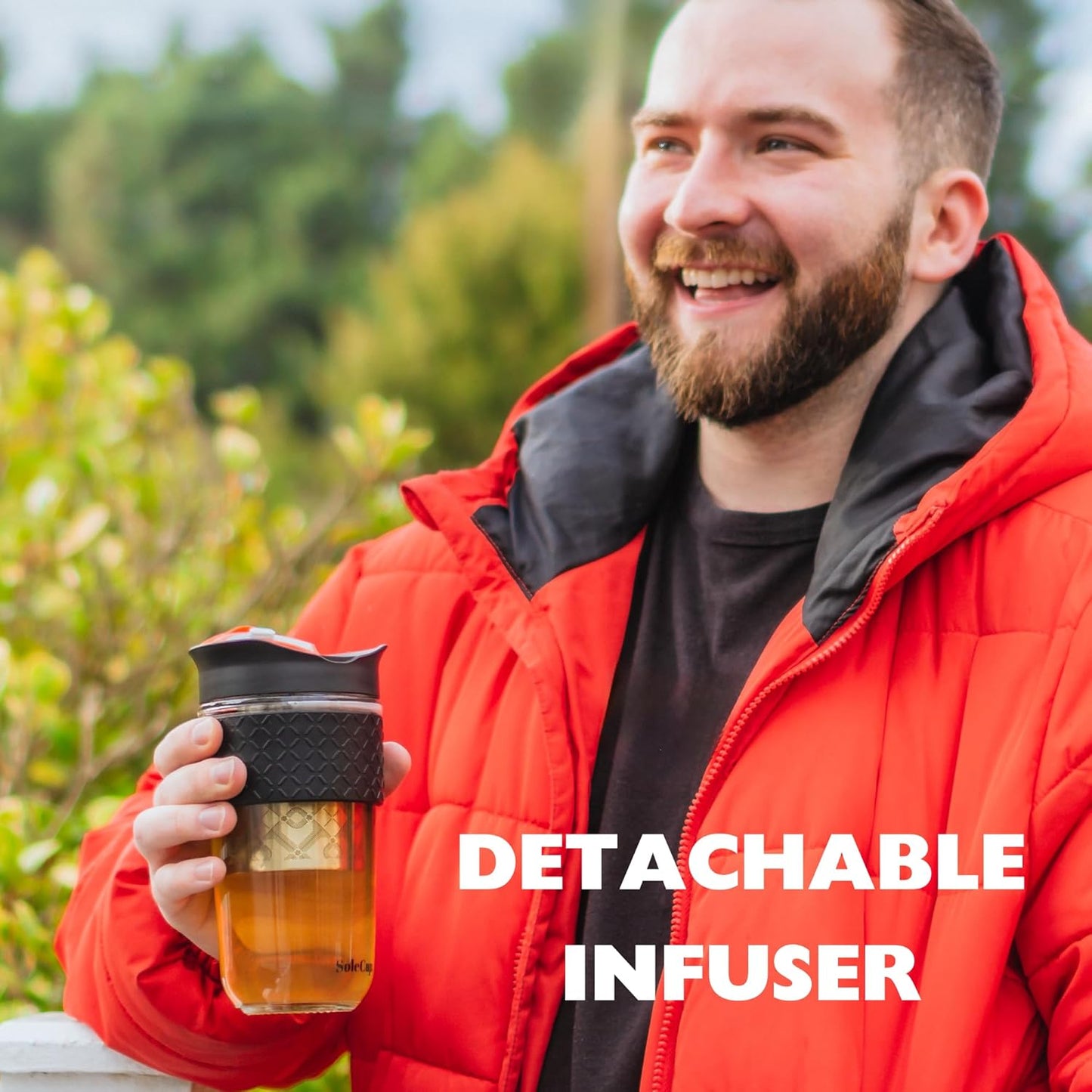 Large Travel Mug Loose Tea Infuser - Detachable Tea Strainer with Spill Proof Lid - 18oz/530ml BPA-Free Reusable Glass Travel Coffee Cup with Silicone Band (Pink) (Black)