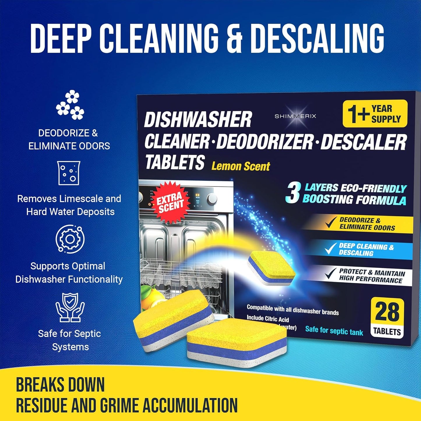 Dishwasher Cleaner Deodorizer Descaler Tablets - 56 Tabs - 1 Plus Year Supply - Extra Scented Deep Cleaning Sanitizer Pods - Remove Hard Water - Contain Citric Acid Heavy Duty Septic Safe - Lemon