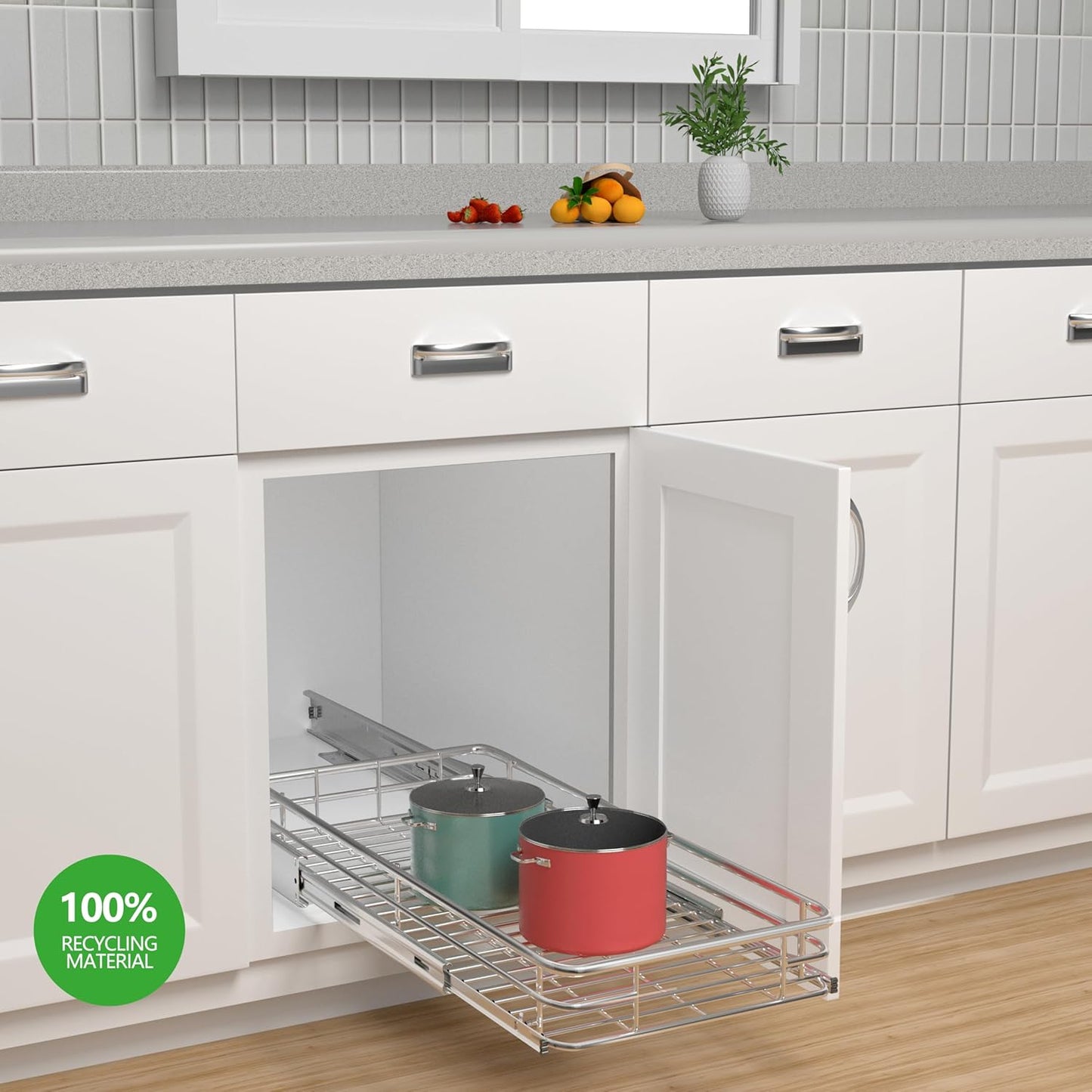 Sliding Cabinet Organizer Pull Out Shelves (11"W x 21"D), Heavy-Duty Slide Out Shelf, Steel Metal Cabinet Roll Out Shelves for Kitchen Bathroom, Chrome