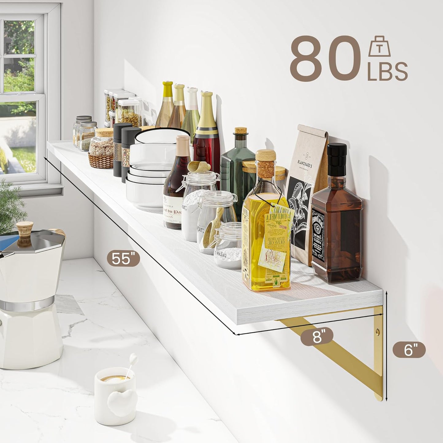 Dreamland 8 inch Deep Floating Shelves for Wall, 55 inch Long White Wall Mounted Shelves Set of 2, Wide Ledge Shelf with Gold Sturdy Metal Brackets for Living Room, Bathroom, Bedroom and Kitchen