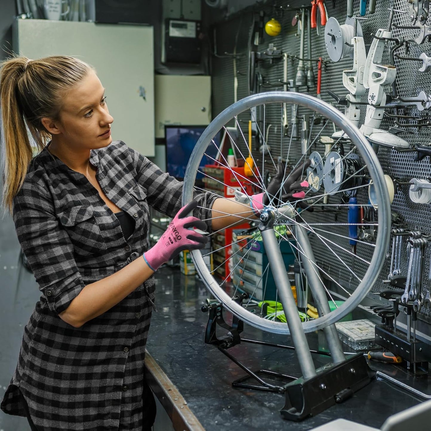 KAYGO Safety Work Gloves PU Coated, 12 Pairs KG11P Seamless Knit Glove with Polyurethane Coated Smooth Grip on Palm & Fingers, for Men and Women, Ideal for General Duty Work, Pink,Small