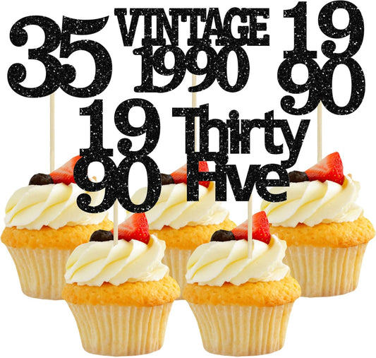 Gyufise 24Pcs Vintage 1990 Cupcake Toppers Glitter Cheers to 35 Fabulous Thirty Five Cupcake Picks 35th Birthday Wedding Anniversary Party Cake Decorations Supplies Black