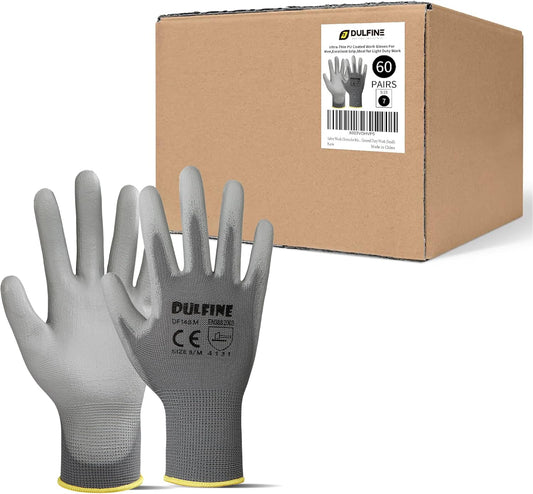 DULFINE Men's Large Grey 60 Pairs Safety Work Gloves with Thin Polyurethane Coating for General Light to Medium Duty Tasks