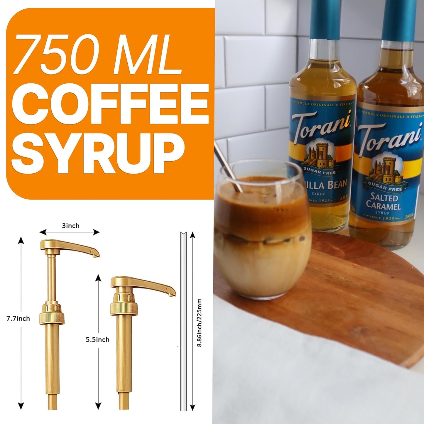 2 Syrup Pump Dispenser Bundle with Torani Coffee Syrup, Vanilla & Caramel Flavors, 25.4 oz Bottles