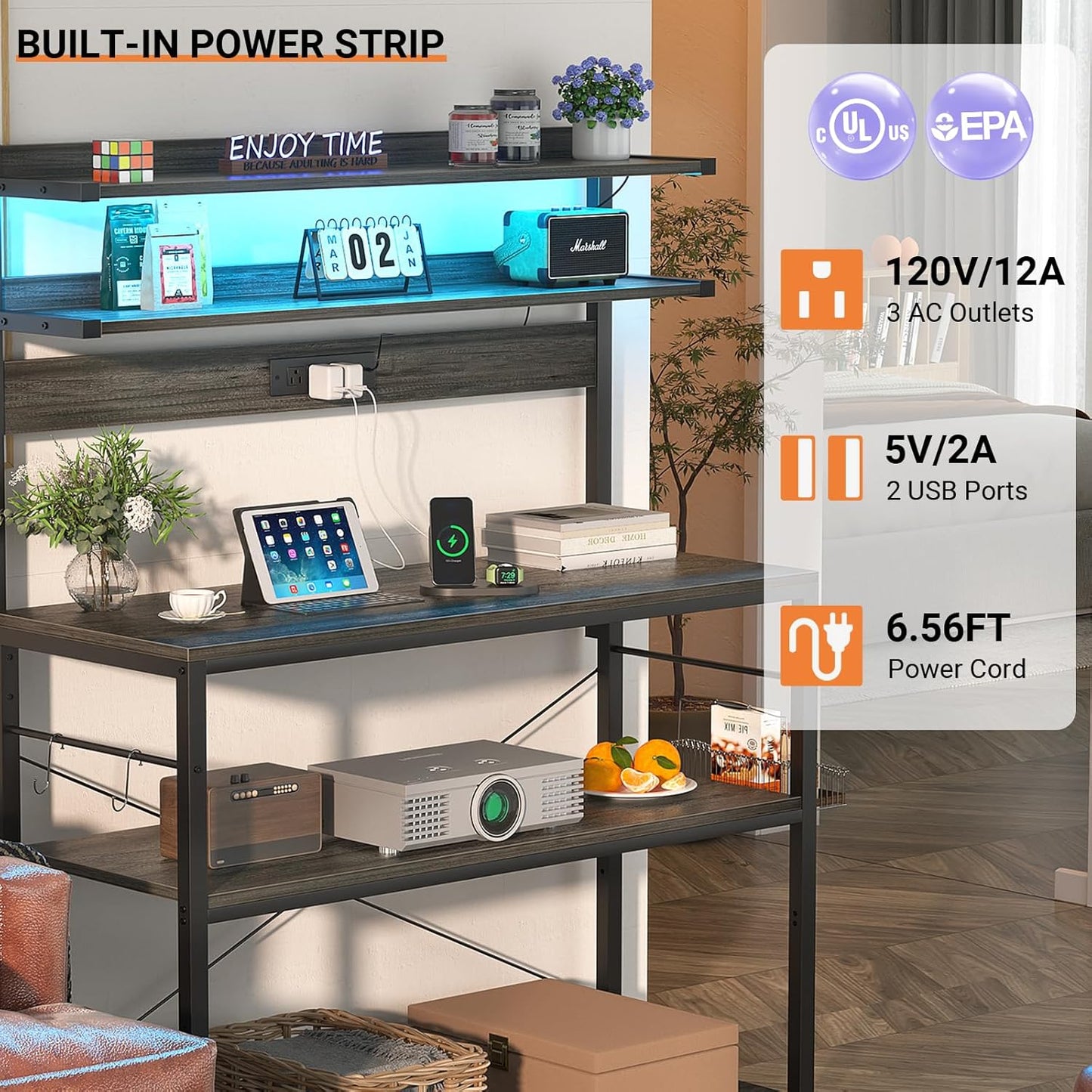 Aheaplus Bakers Rack with Power Outlet, Microwave Stand, 5 Tiers Coffee Bar Station with Led Lights, Kitchen Storage Shelf with 6 S-Shaped Hooks, Kitchen Rack Coffee Bar Stand, Grey Oak