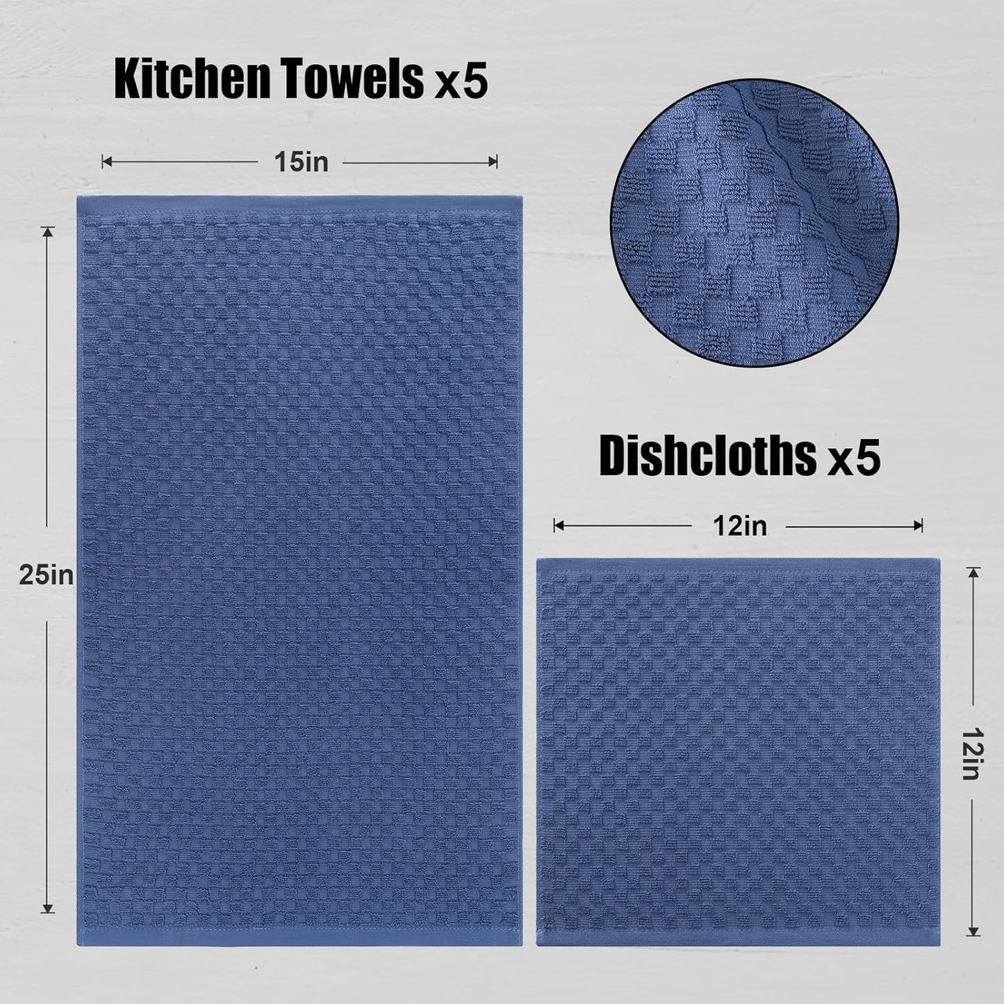Fintale 100% Cotton Kitchen Towels and Dishcloths Set, 12 x 12 & 15 x 25 Inches, Set of 10 Bulk Super Soft and Absorbent Terry Cloth Dish Towels, Quick Drying Hand Towels with Hanging Loop, Navy Blue