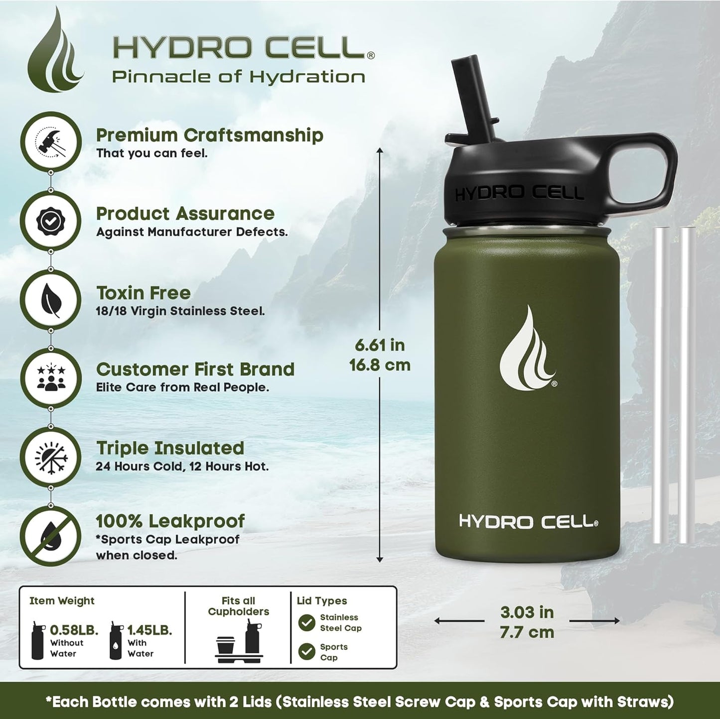 HYDRO CELL Stainless Steel Insulated Water Bottle with Straw - For Cold & Hot Drinks - Metal Vacuum Flask with Screw Cap and Modern Leakproof Sport Thermos for Adults (Army 14oz)