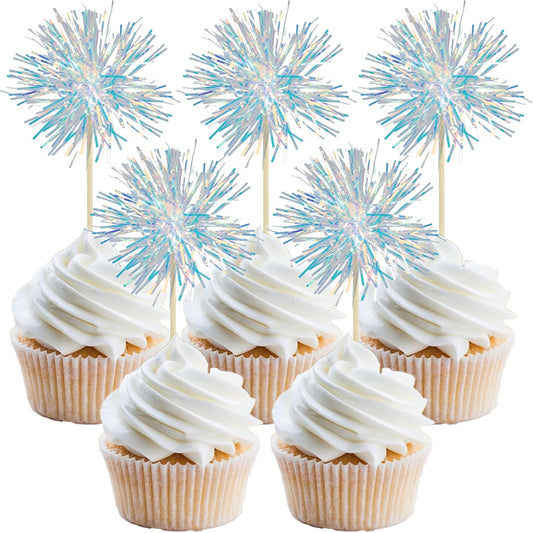 Gyufise 30Pcs Foil Firework Cupcake Toppers Sparkle Tinsel Cake Toppers Tinsel Drink Cake Decoration Cocktail Picks for Birthday Wedding Graduation Party Supplies Laser White