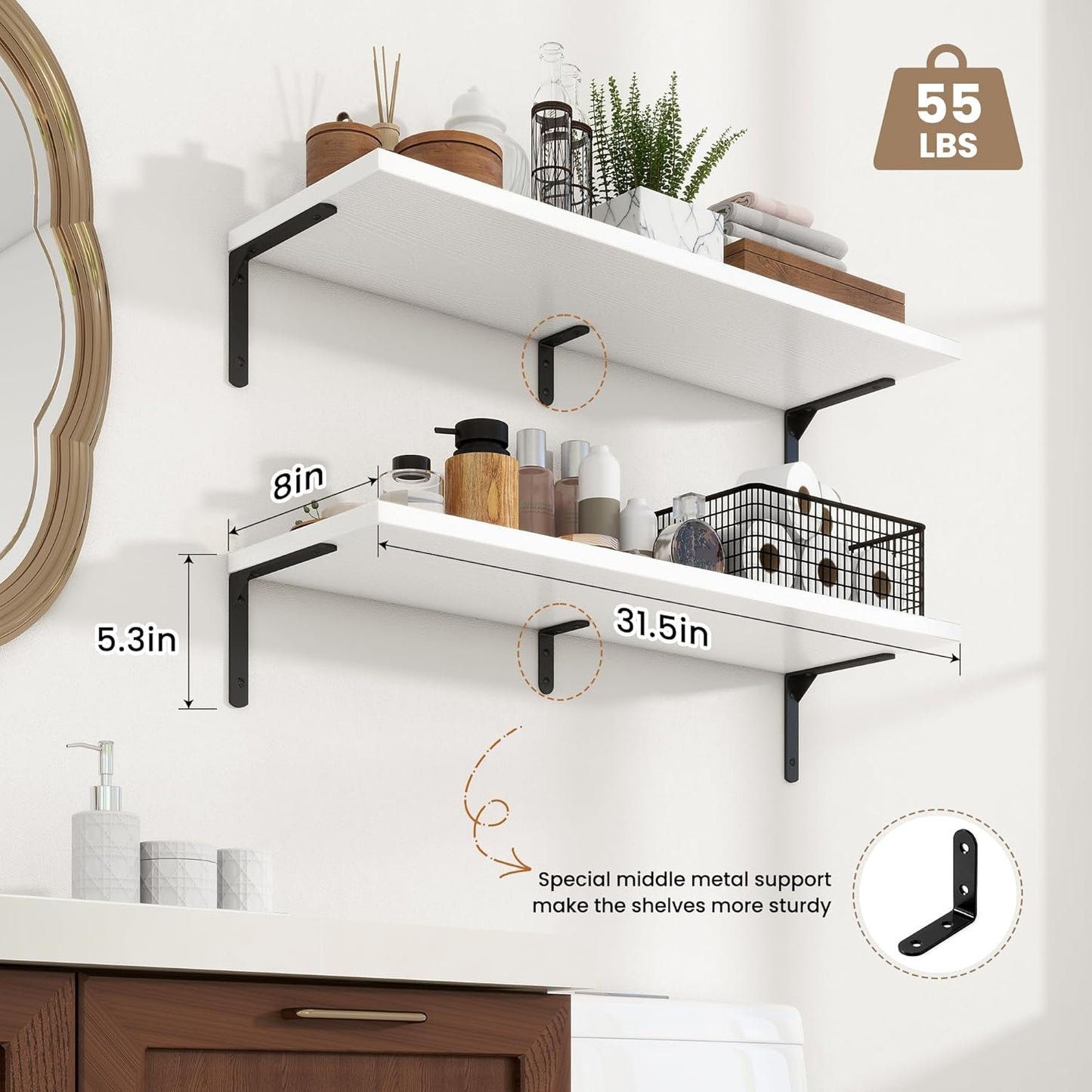 Fun Memories Deep Floating Shelves, 32W x 8D Floating Shelves Set of 2, Wall Mounted Shelf with Metal Brackets, Rustic Wood Wall Shelf for Bathroom, Kitchen and Living Room, White