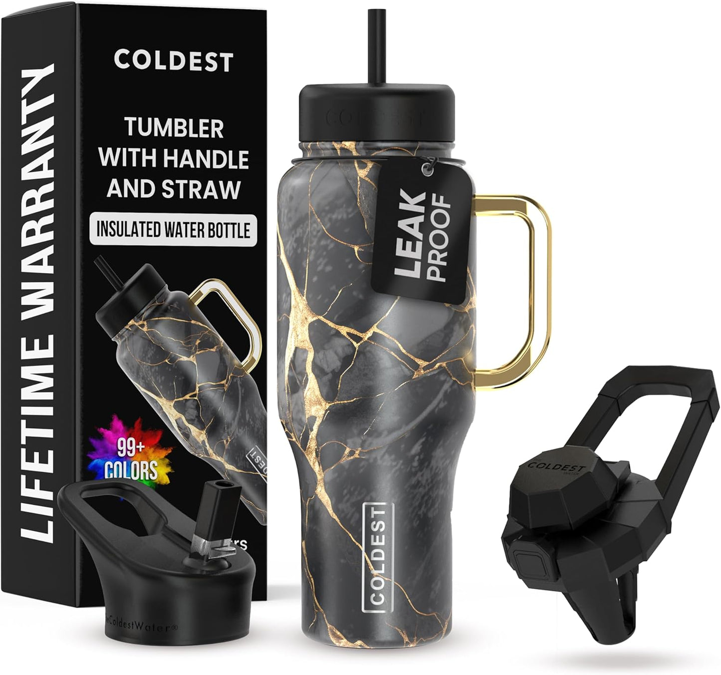 Coldest 40 oz Tumbler with Handle and Straw - 100% Leak Proof Insulated Tumbler with Lid and Straw (3 Lids) - Stainless Steel Tumblers for Women & Men - Cup Holder Friendly Base, 36 oz (Black Luna)