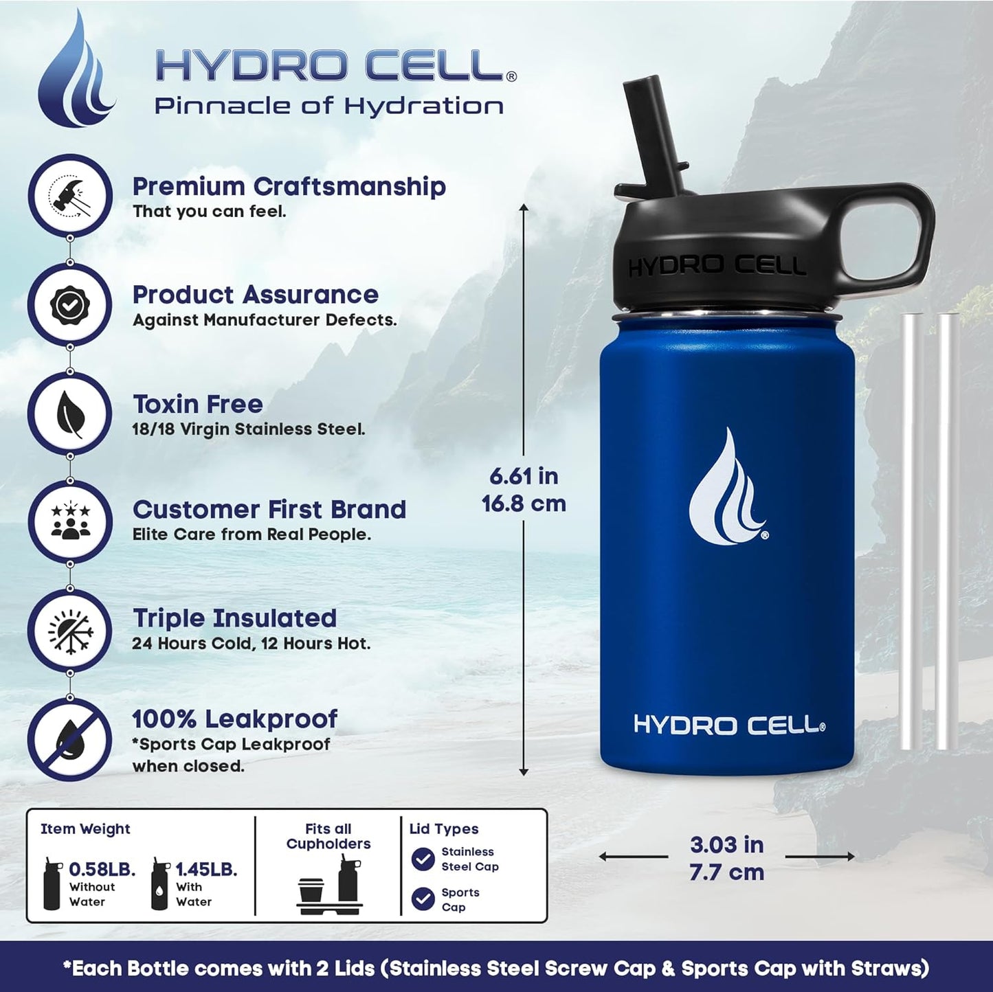 HYDRO CELL Stainless Steel Insulated Water Bottle with Straw - For Cold & Hot Drinks - Metal Vacuum Flask with Screw Cap and Modern Leakproof Sport Thermos for Adults (Navy 14oz)