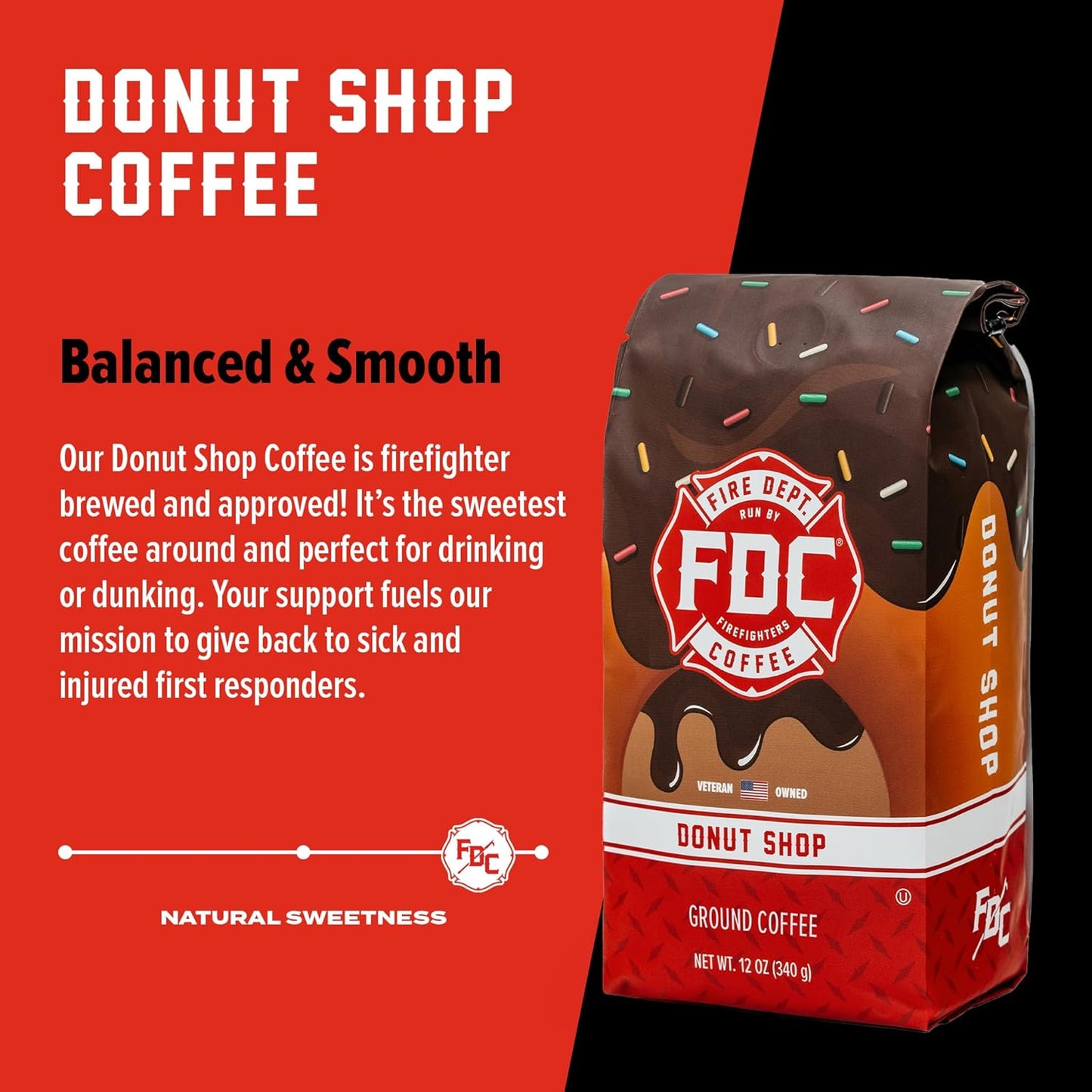 Fire Department Coffee - Gives Back to Firefighters - Sweet & Smooth Donut Shop Ground Coffee - Medium Roast - Roasted in the USA - Veteran Owned - 12 oz