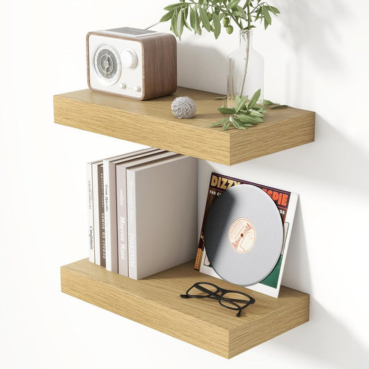 Heimlove 16 Inch Floating Shelves for Wall Oak Shelves Set of 2,Wall Mounted Rustic Wood 8 Inch Deep Floating Shelf with Invisible Brackets for Bedroom Kitchen Living Room