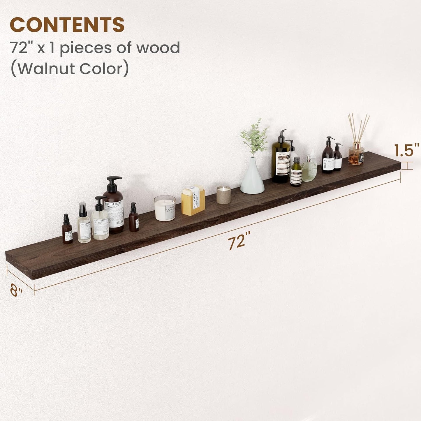 Floating Shelves for Wall Decor, 8 Inch Deep Rustic Solid Elm Wood Floating Shelves Wall Mounted, Wall Shelves with Invisible Bracket for Living Room Bathroom Bedroom Kitchen, 72 Inch Set of 1, Walnut
