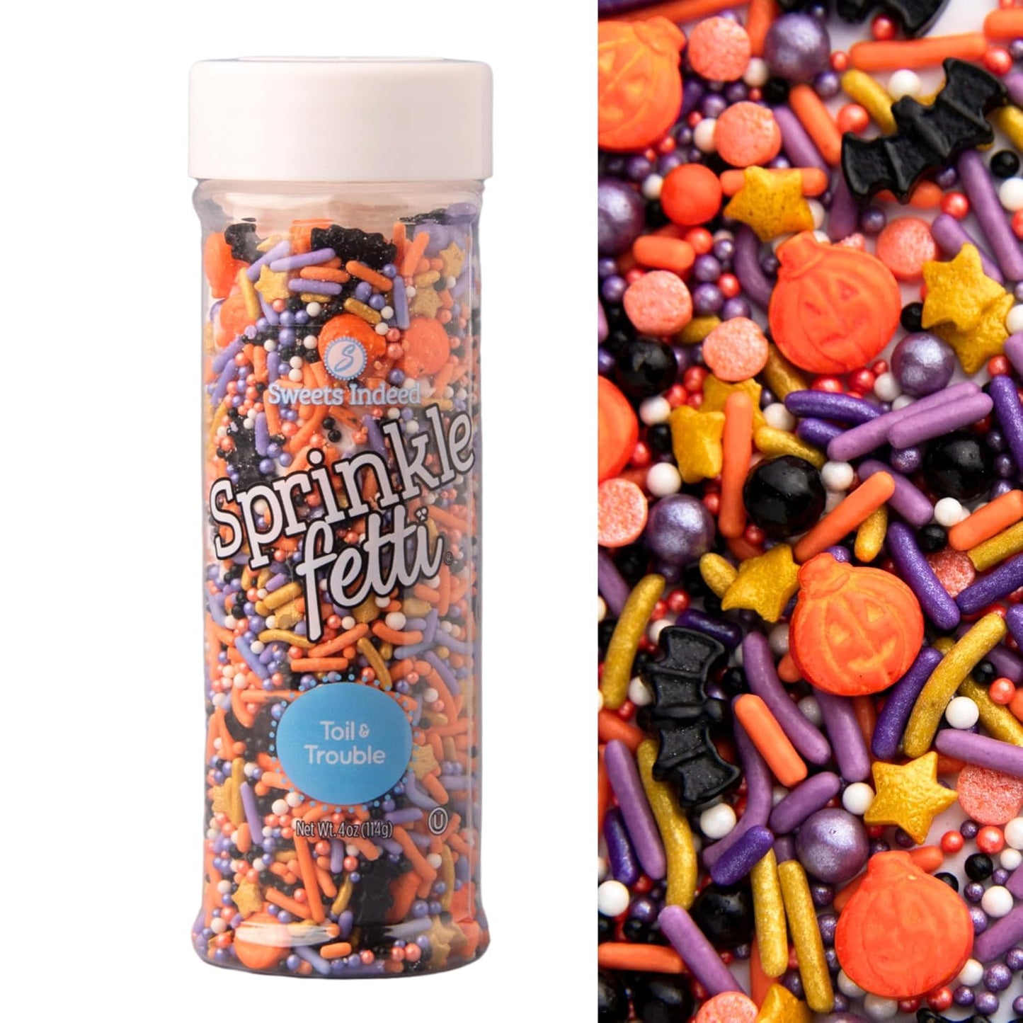 Sweets Indeed Toil & Trouble Halloween Sprinklefetti Mix – 4 oz Jar | Sprinkles with Pumpkins, Bats, Jimmies, Nonpareils, Sugar Pearls & Quins | Spooky Cookie & Cupcake Decorations