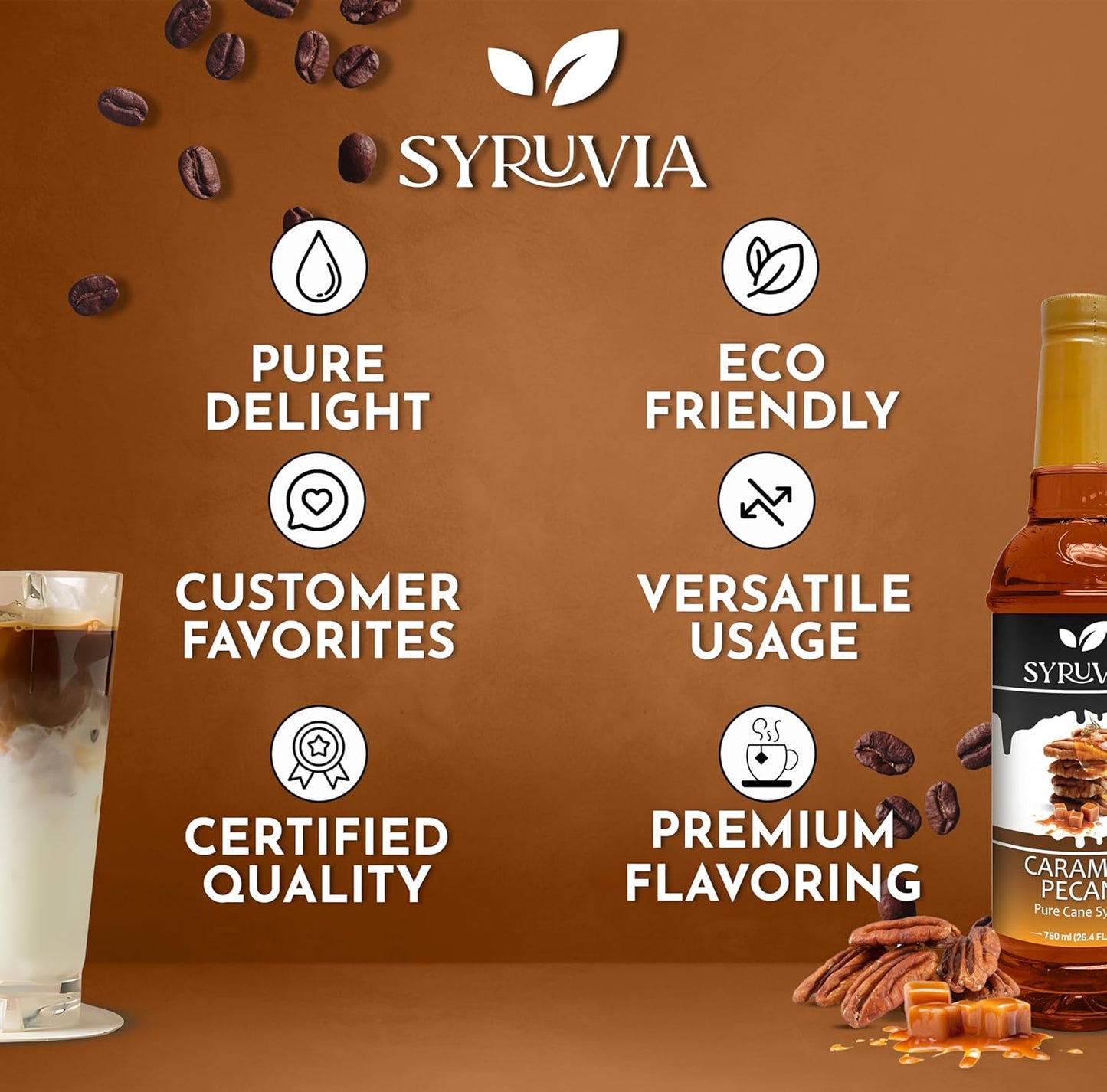 Syruvia Caramel Pecan Coffee Syrup - 25.4 fl oz. Kosher, and Gluten-Free. Ideal for Enhancing Drinks, Sodas, Shakes, Desserts, and More.