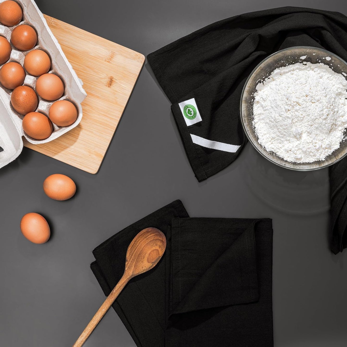 Organic Cotton Black Tea Towels - 100% Cotton, 10-Pack, Reusable and Washable Black Flour Sack Towels for Kitchen - Extra Large 27"x27", Durable Black Dish Towels with Hanging Loop (Black)