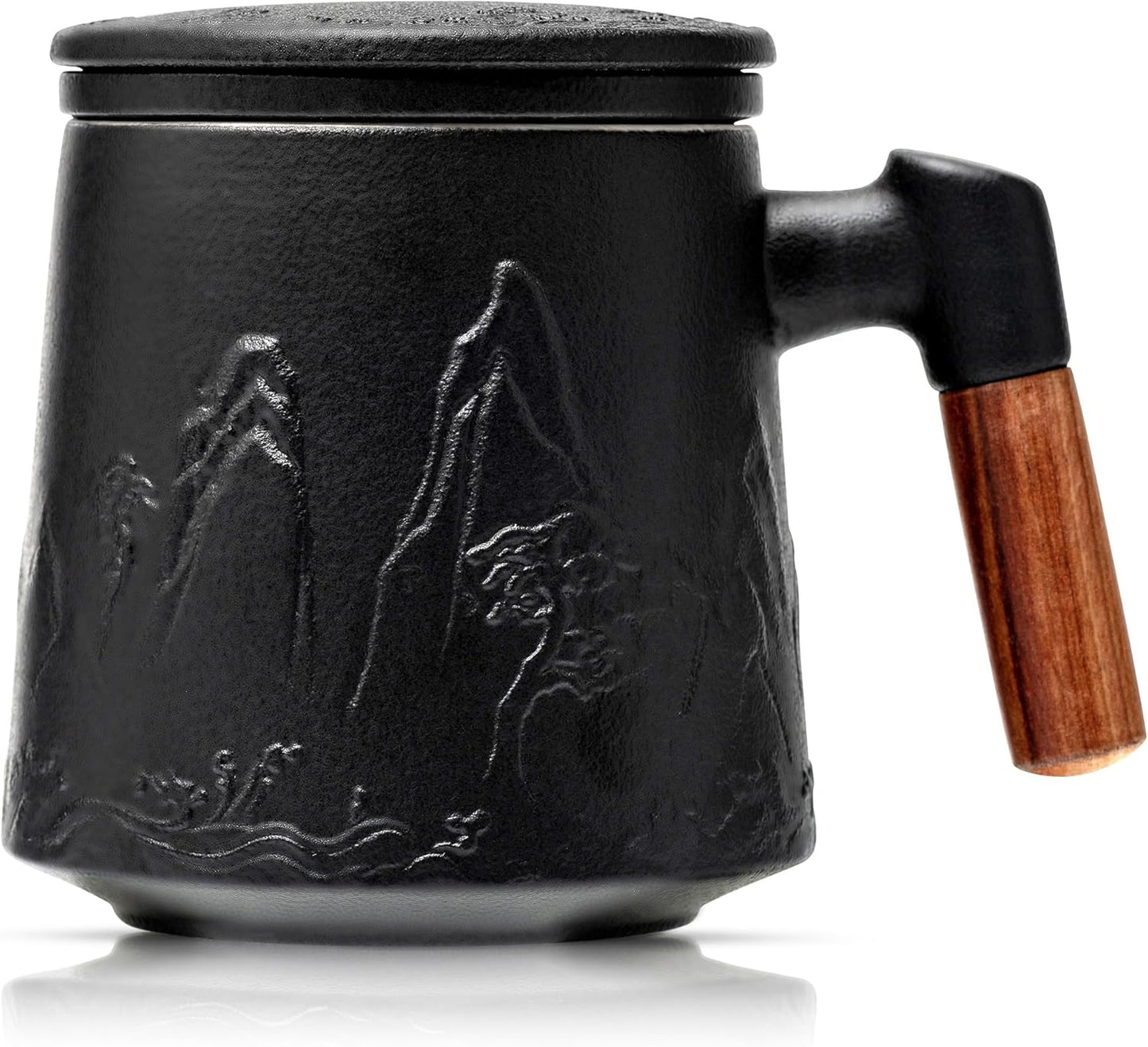 suyika Ceramic Tea Cup with Infuser and Lid, Gradient Embossed Large Tea Mug Wooden Handle for Steeping Loose Leaf, Tea Lover Gifts 15.2 oz / 450 ml,Matte Black