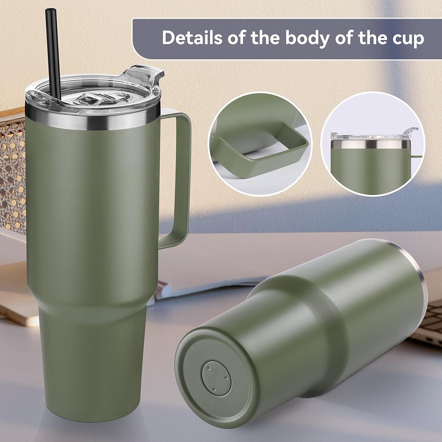 HASLE OUTFITTERS 40 oz Stainless Steel Tumbler with Handle, Vacuum Insulated Tumblers Bulk, Reusable Double Wall Travel Coffee Mug, Durable Powder Coated Water Bottles(Army Green, 8)
