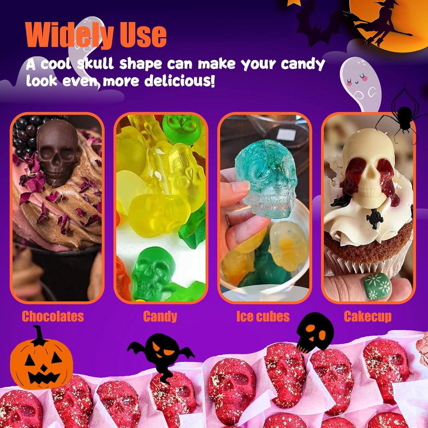 3 Pack Halloween Gummy Skull Candy Molds Silicone,Halloween Mini Skull Mold with 2 Droppers for Chocolate, Candy,Ice Cube - Orange，Red，Black