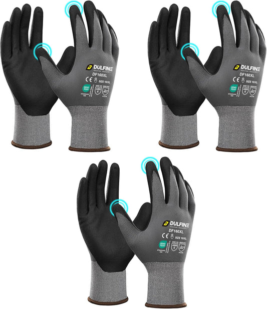 DULFINE Safety Work Gloves MicroFoam Nitrile Coated-3 Pairs Pack,Seamless Knit Nylon Glove with Black Micro-Foam Nitrile Grip,Ideal for General Purpose,Automotive,Home Improvement,Painting(Large)
