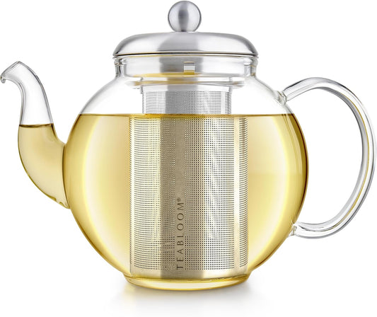 Teabloom Heritage Borosilicate Glass Teapot – 40 oz Classic Round Design with Stainless Steel Infuser – Stovetop Safe, Drip-Free Spout, Durable Heat-Resistant Tea Kettle for Loose Leaf or Teabags
