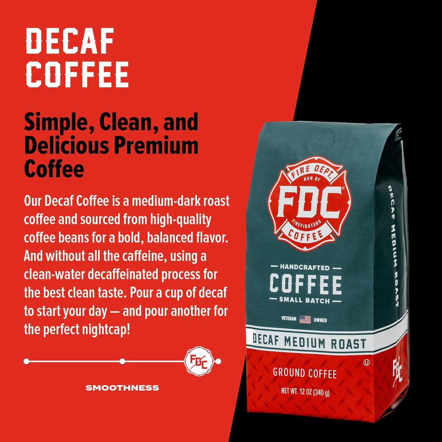 Fire Department Coffee - Gives Back to Firefighters - Premium Decaf Ground Coffee - Roasted in the USA - Decaffeinated Using Natural Mountain Water - Veteran Owned - 12 oz