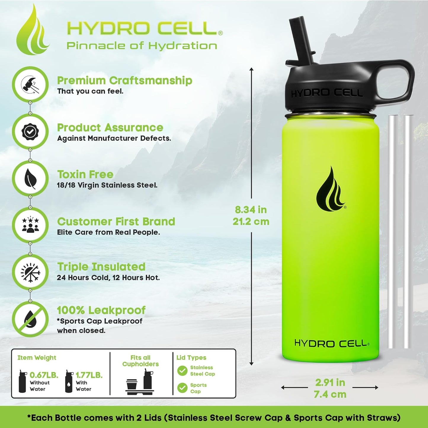 HYDRO CELL Stainless Steel Insulated Water Bottle with Straw - For Cold & Hot Drinks - Metal Vacuum Flask with Screw Cap and Modern Leakproof Sport Thermos for Adults (Neon 18oz)