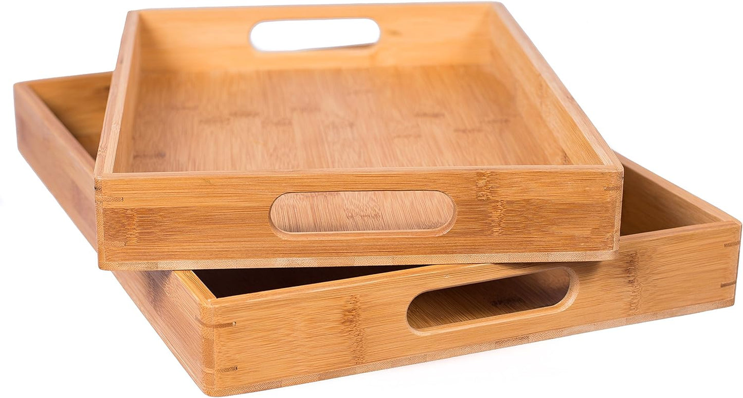 BirdRock Home 2pc Bamboo Serving Trays Set with Handles | Wood | Food | Breakfast Tray | Party Platter | Nesting | Kitchen and Dining