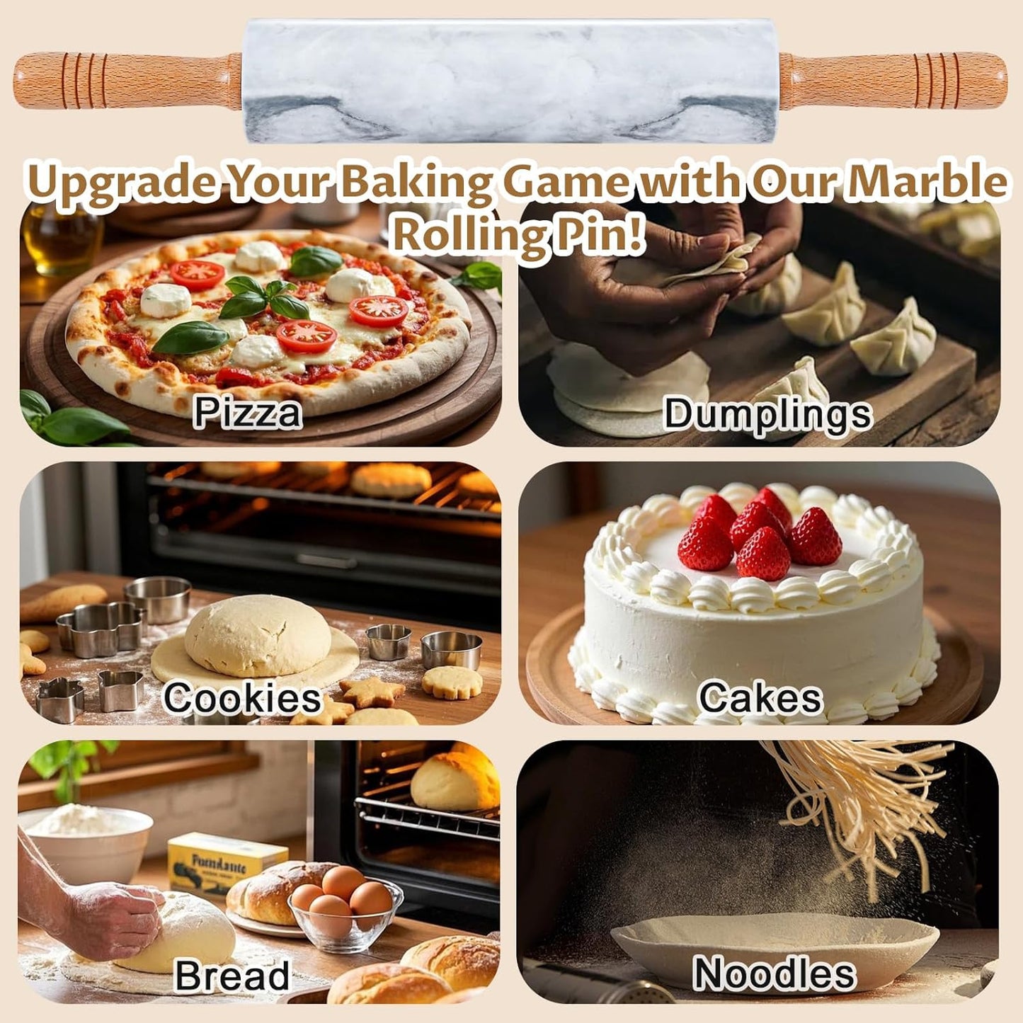 Marble Rolling Pin - 18.9" Marble Rolling Pins for Baking, Pastry, Pizza Dough & More - Polished Non-Stick Surface, Long Dough Roller with Wooden Handles & Base