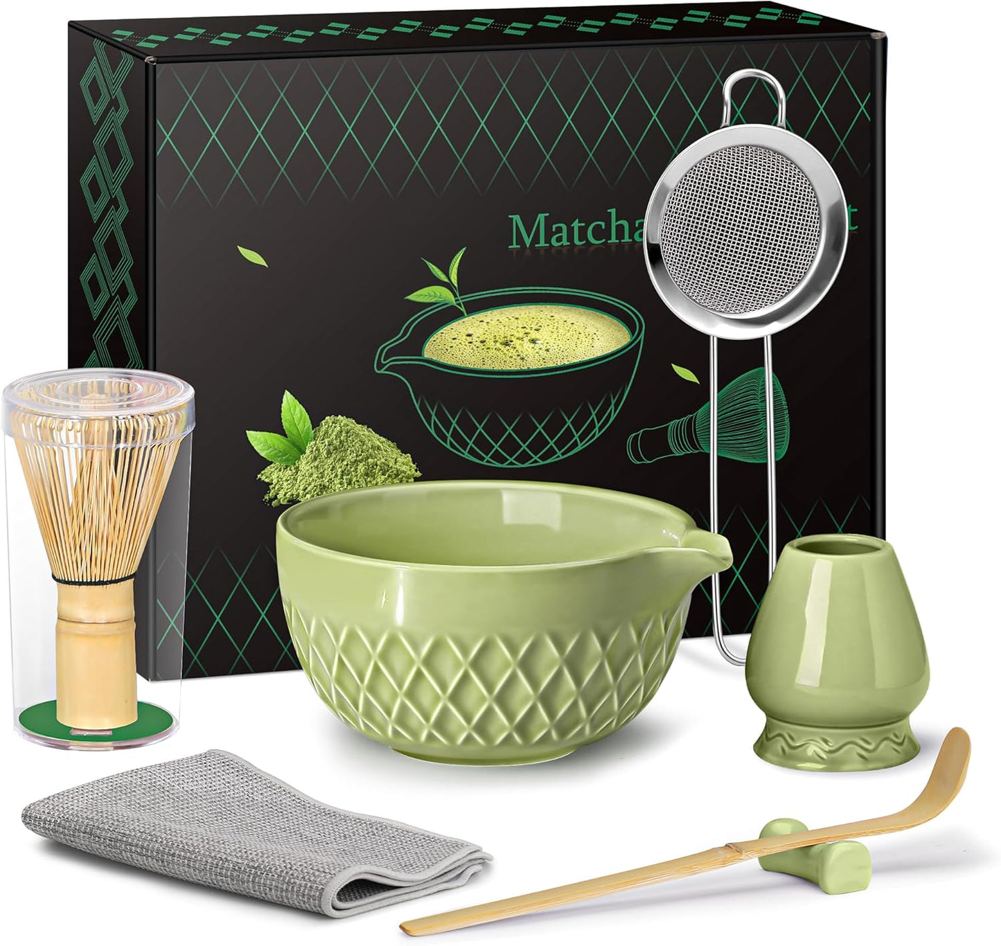 Matcha Whisk Set, 7 Pcs Matcha Kit, Ceramic Matcha Set Includes Matcha Bowl with Spout, Matcha Whisk and Holder, Bamboo Scoop, Scoop Rest, Sifter and Tea Towel (Matcha Green)