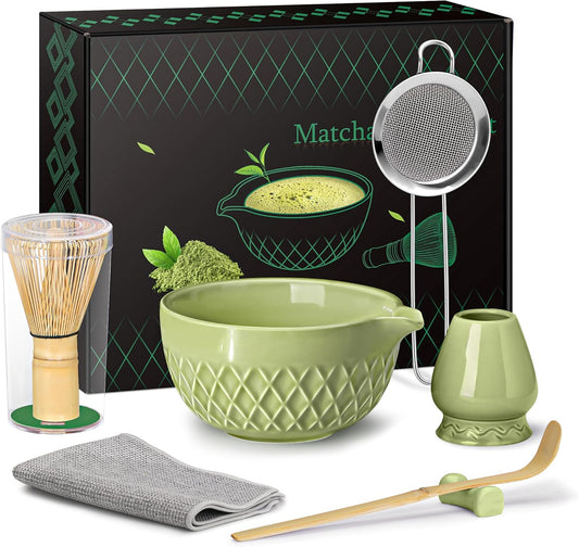 Matcha Whisk Set, 7 Pcs Matcha Kit, Ceramic Matcha Set Includes Matcha Bowl with Spout, Matcha Whisk and Holder, Bamboo Scoop, Scoop Rest, Sifter and Tea Towel (Matcha Green)