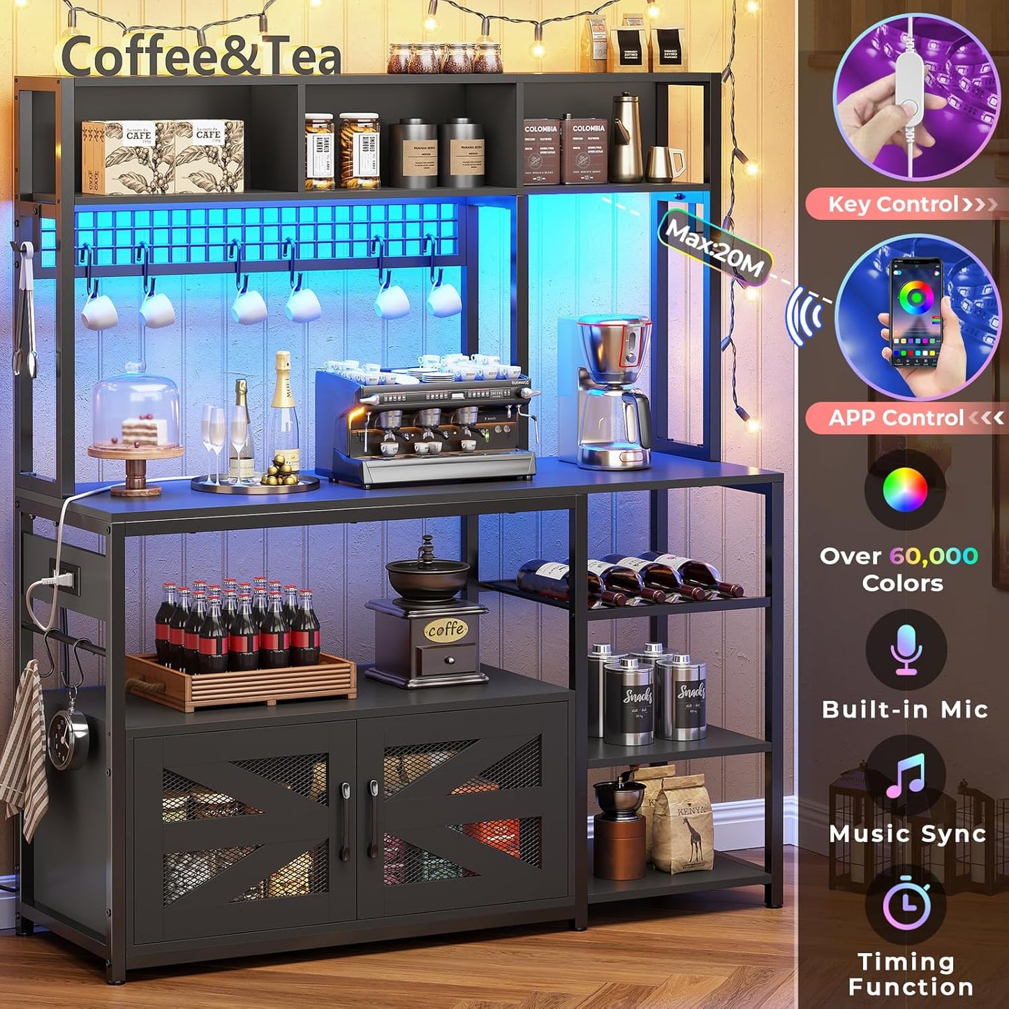 Itaar 47.2 Inch Bakers Rack with Power Outlet, Microwave Stand with Storage, Farmhouse Coffee Bar Cabinet Station with Wine Rack, Iron Grid and 8-S Hooks (Black)