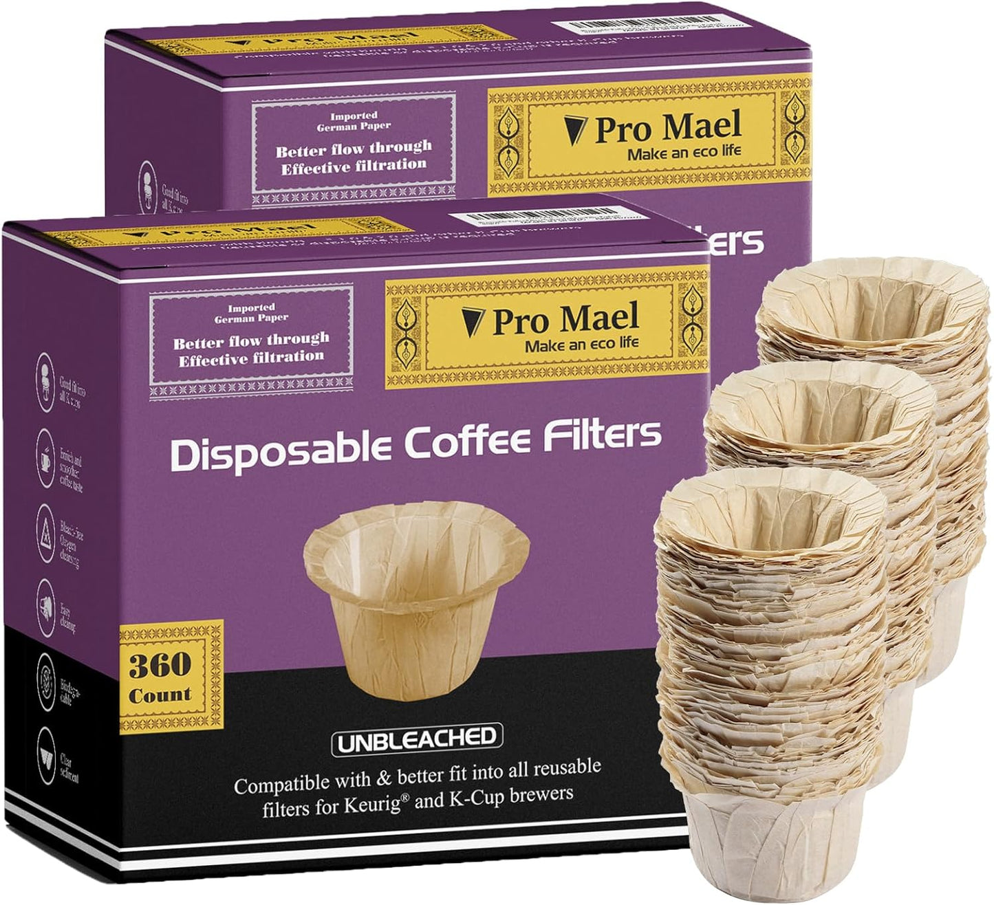 Pro Mael Disposable K Cup Filters - 720 Count, Coffee Filter Paper for Keurig Brewers Single Serve 1.0 and 2.0, Use with Reusable K Cup Pods, Natural Unbleached