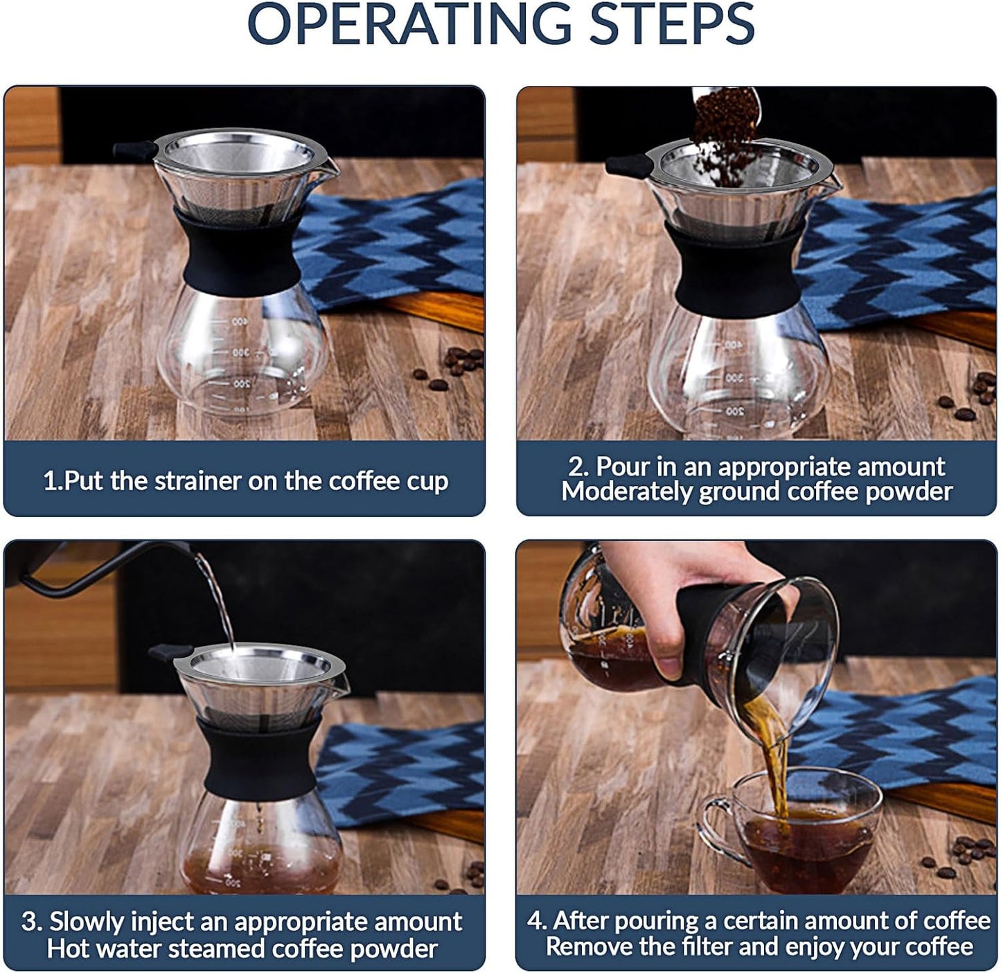 Pour Over Coffee Dripper-Stainless Steel Coffee Filter,Reusable Drip Cone Coffee Filter Portable Pour for 1-4 Cup (Without base, L)