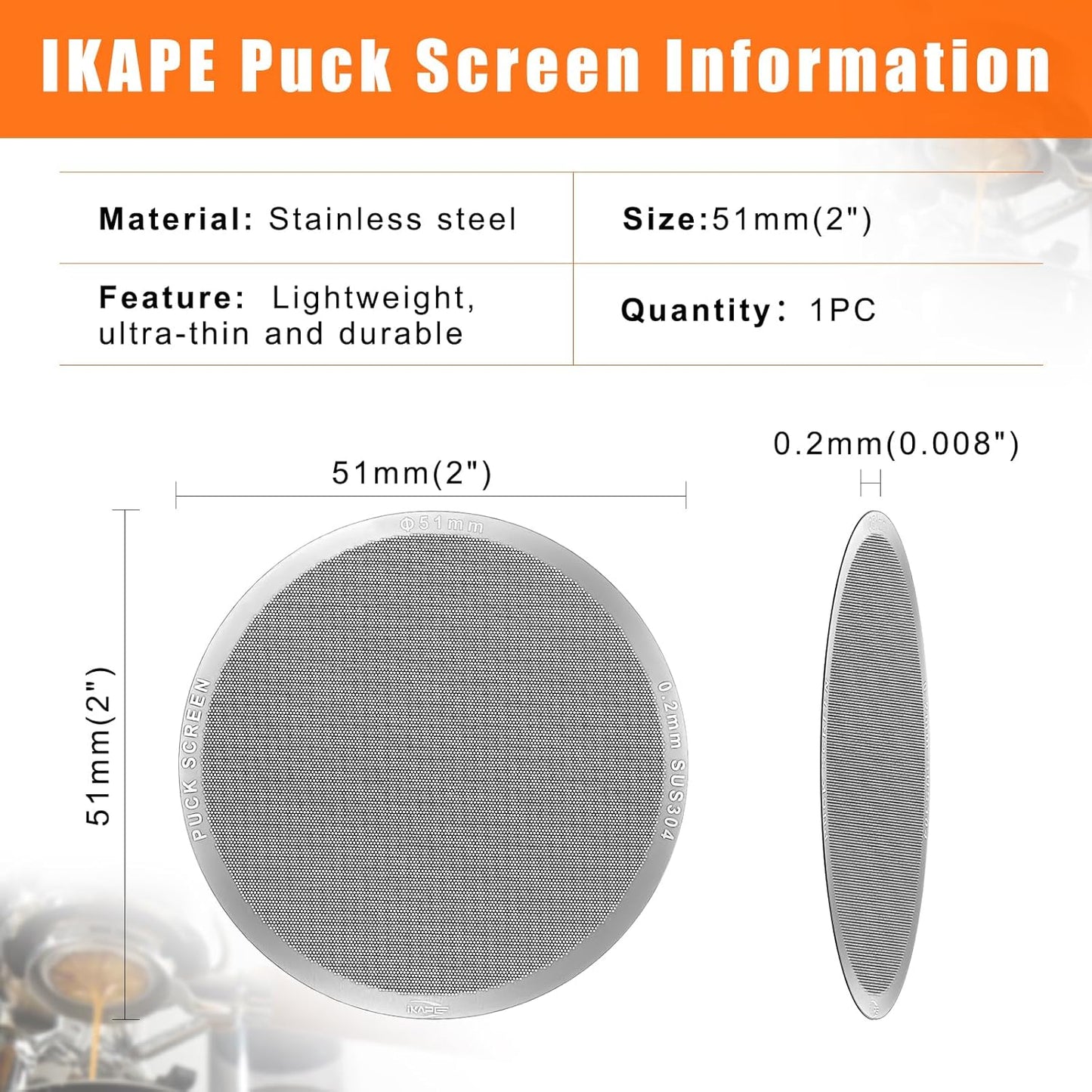 IKAPE 51mm Espresso Puck Screen, 0.2mm Thickness, Reusable Metal Ultra-thin & Ultra-light Coffee Filters, Food-grade 316 Stainless Steel Coffee Puck Screen for Espresso Baristas