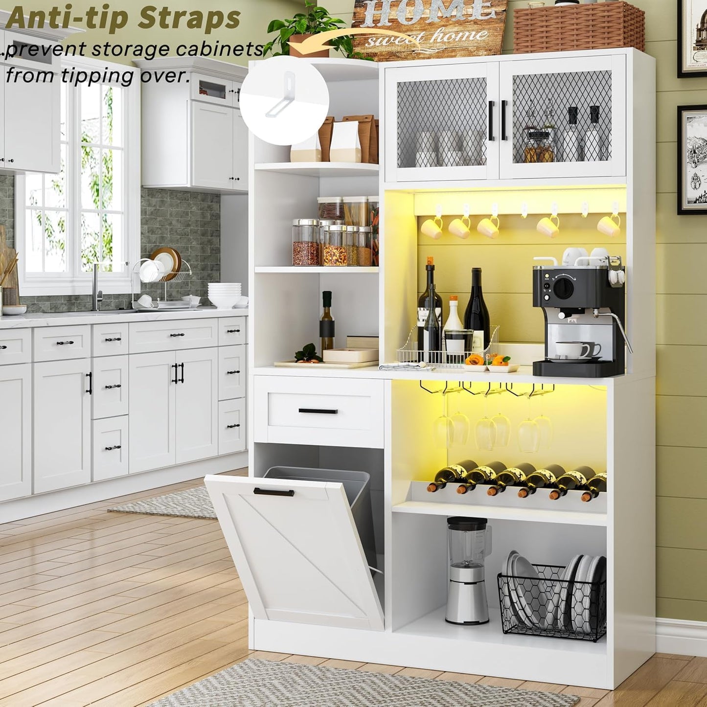 67.3" Tall Modern Kitchen Pantry Storage Cabinet with Drawer and Shelves, Tilt Out Trash Can, Coffee Bar Wine Cabinet with LED Lights and Power Outlet, Wine Glass Rack, 2 Mesh Doors (White)