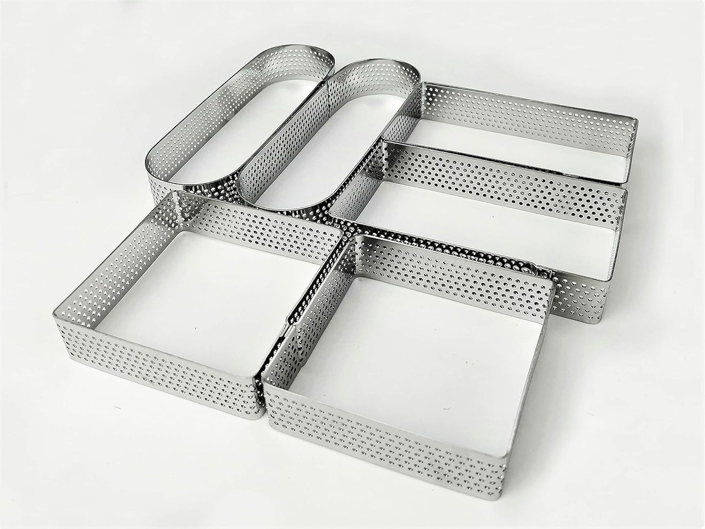 NewlineNY Stainless Steel 6 Pcs Perforated Oval, Rectangular, Square Tart Rings Molding Plating: 2 of each (5" x 1.5") + (4" x 1.5") + (2.8" square) x (0.8" H) Sizes
